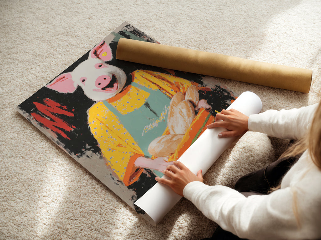 A woman is carefully rolling a fine art poster paper print. The Pig Baker artwork is printed on high-quality material. This ensures longevity and vibrant colors. The poster is perfect for framing.
