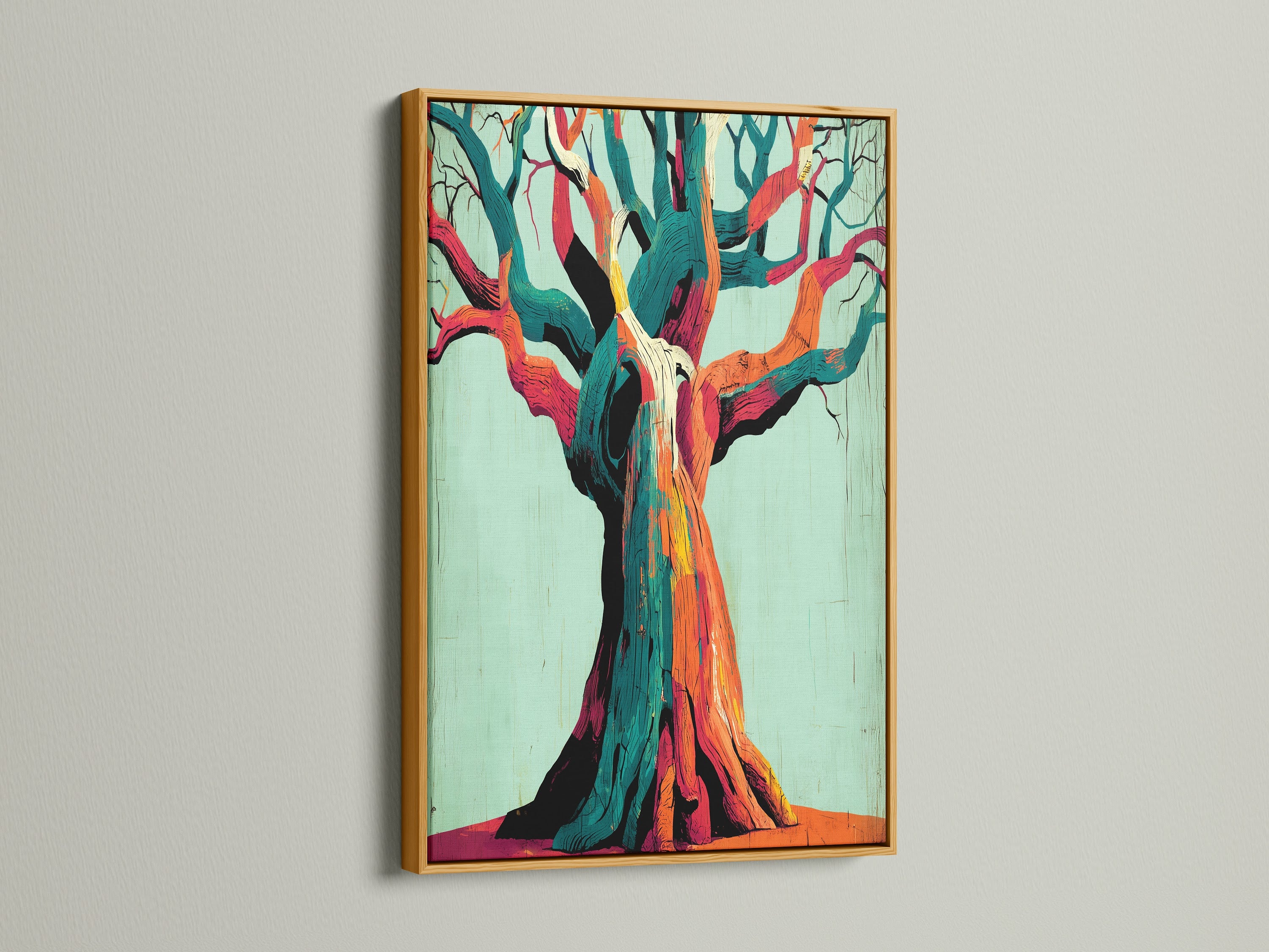 This is a vibrant Abstract Tree Canvas Print with a gold frame. The botanical artwork brings a touch of elegance to any room. Perfect for upscale wall art in lobbies clinics and cafes. It is a modern masterpiece.