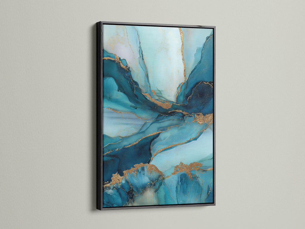 The abstract blue and gold artwork is displayed in a sleek black frame. The contrast accentuates the fluid teal marble patterns. This contemporary art piece makes a bold statement. Perfect for adding a touch of sophistication to any room. Its versatile style complements both modern and minimalist interiors.