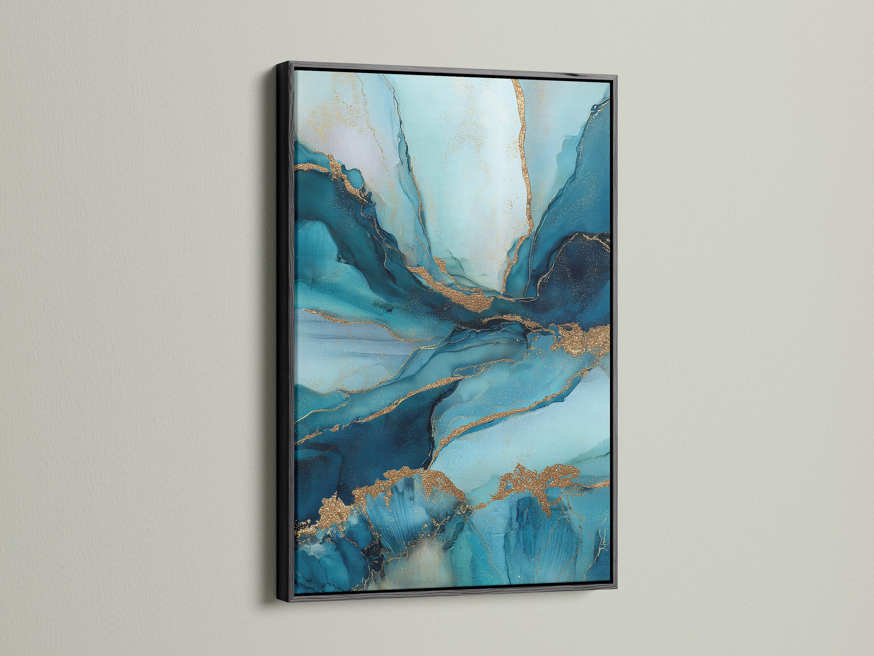 The abstract blue and gold artwork is displayed in a sleek black frame. The contrast accentuates the fluid teal marble patterns. This contemporary art piece makes a bold statement. Perfect for adding a touch of sophistication to any room. Its versatile style complements both modern and minimalist interiors.