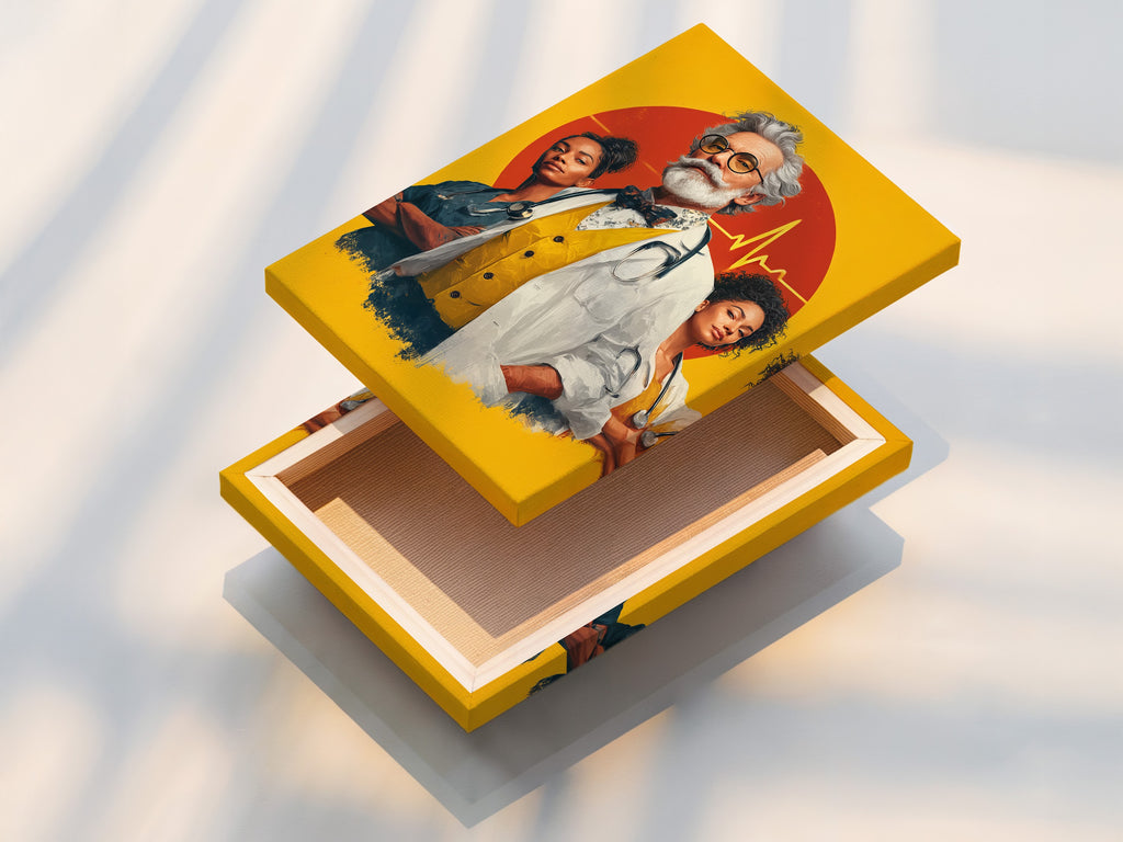 Stretched canvas print of medical team artwork. The canvas showcases a doctor and nurses with a vibrant background. The stretched canvas print provides a gallery-quality look for healthcare wall art. Enhance your medical clinic with professional artwork.