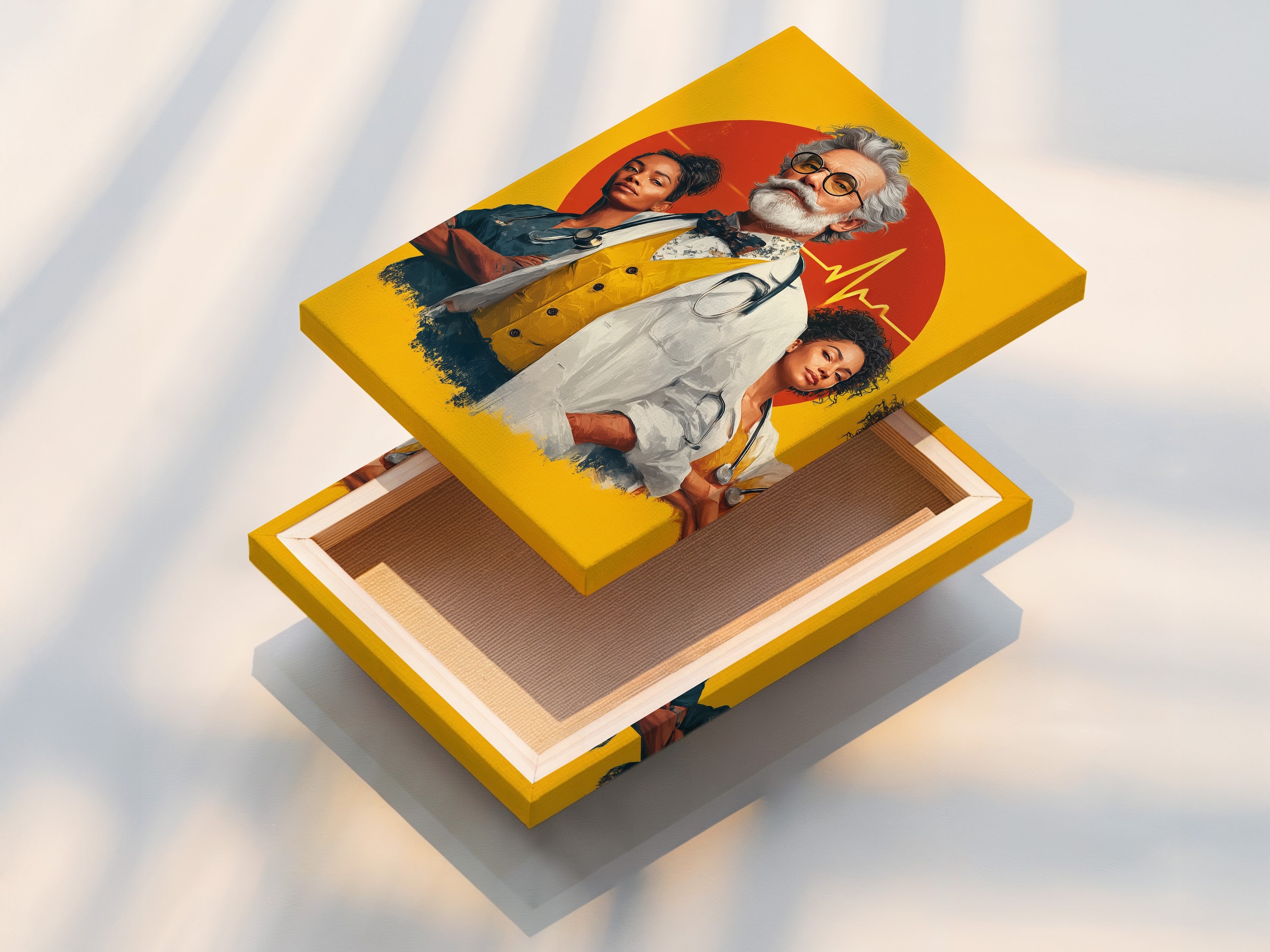 Stretched canvas print of medical team artwork. The canvas showcases a doctor and nurses with a vibrant background. The stretched canvas print provides a gallery-quality look for healthcare wall art. Enhance your medical clinic with professional artwork.