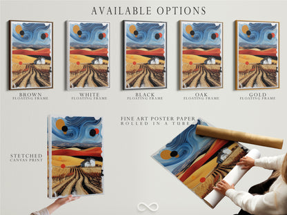 Explore the available options for abstract landscape artwork. Choose between a stretched canvas print fine art poster paper or a floating frame. The surreal farm art can be customized to your preference. Enhance your country wall decor with these versatile options. Perfect for any style or space.