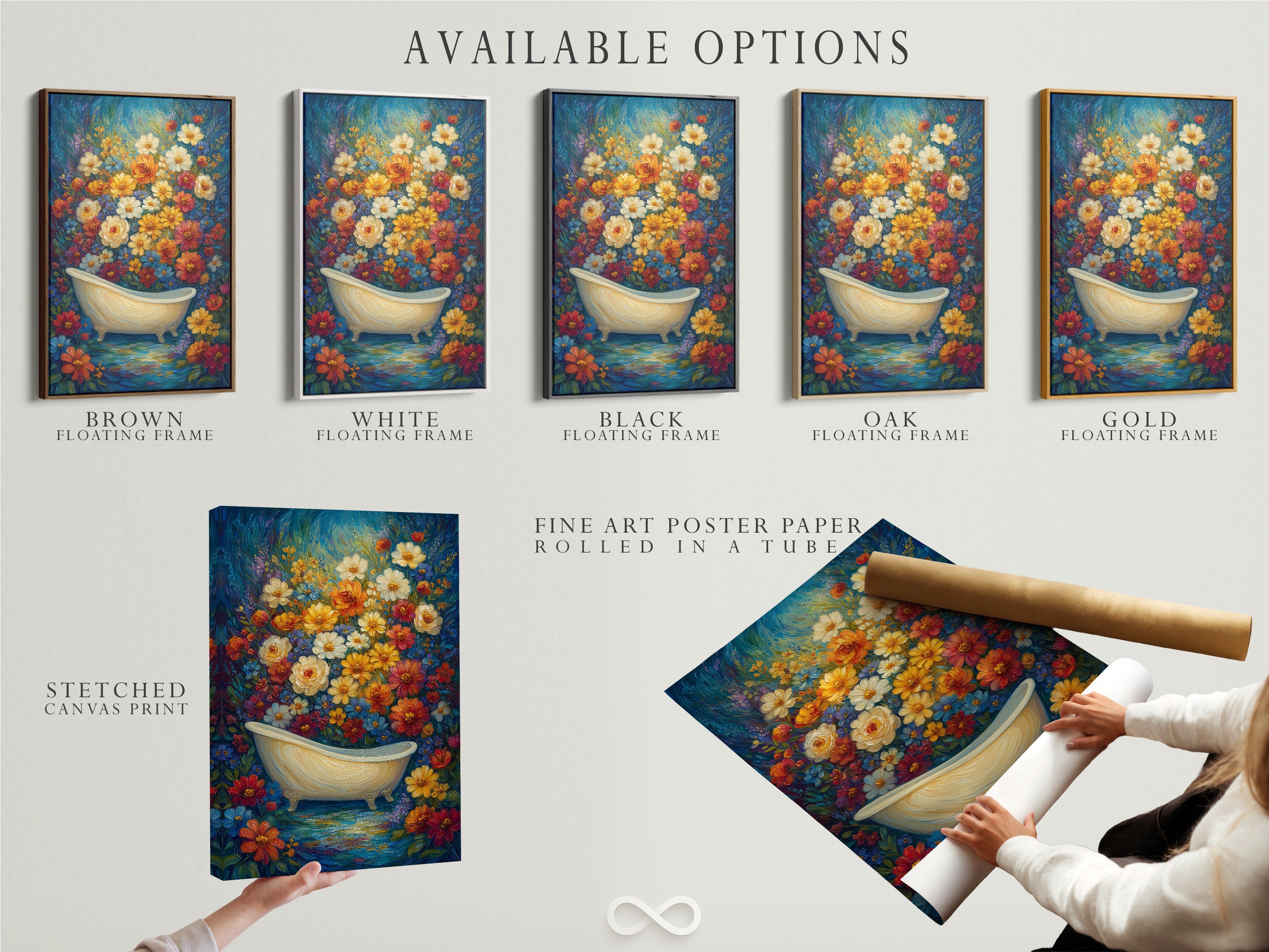 Available options are showcased including stretched canvas print fine art poster paper and a floating frame. The floral bathtub artwork features a vintage clawfoot tub. This botanical piece enhances bathroom wall decor. It brings a bohemian and eclectic style. The primary color is blue. The secondary color is yellow. Choose the perfect format for your space.