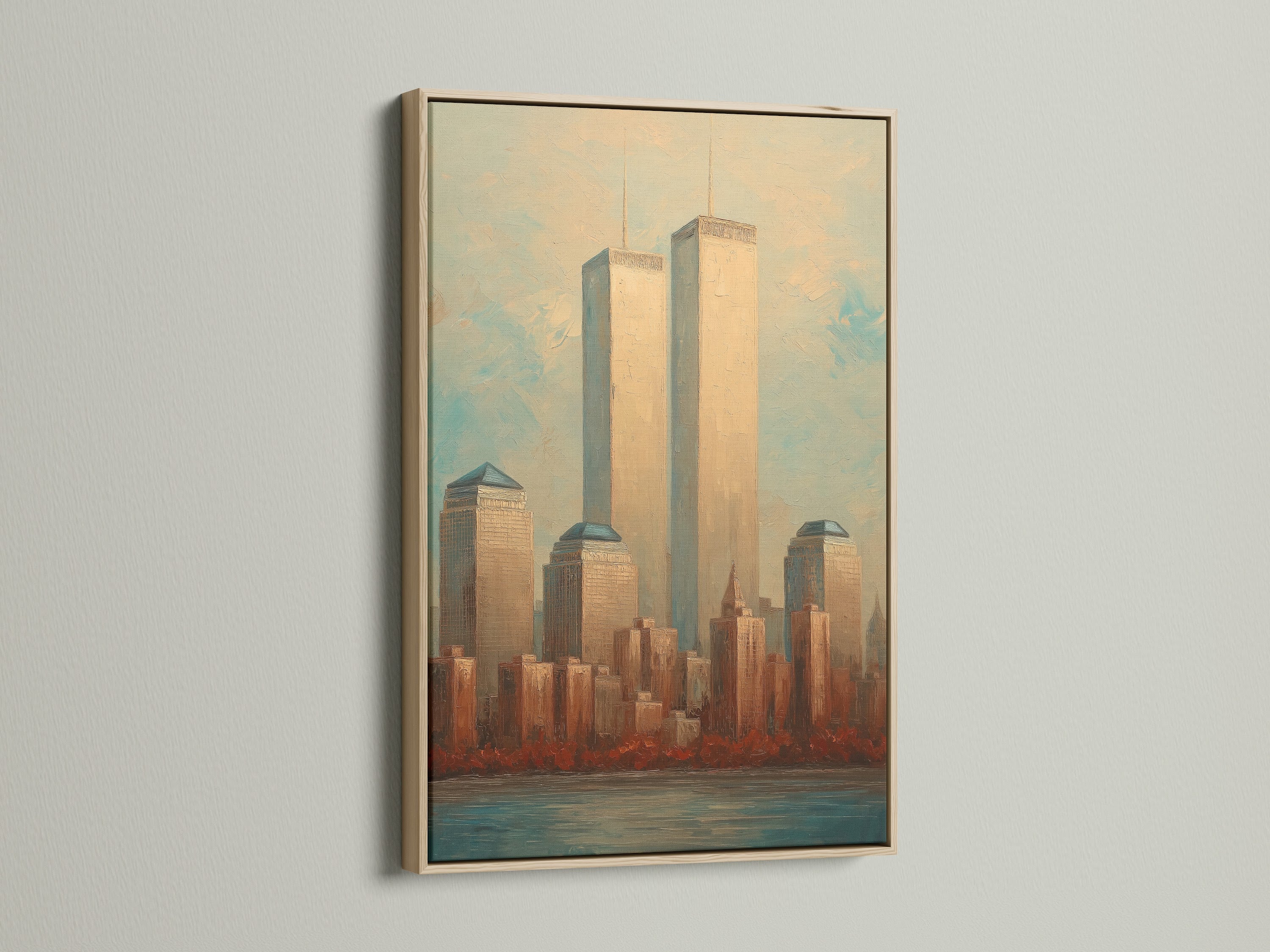 NYC Skyline Twin Towers artwork displayed in an oak frame. This vintage Manhattan cityscape adds character to any room. The oak frame enhances the artwork's classic appeal. Elevate your office or living space.