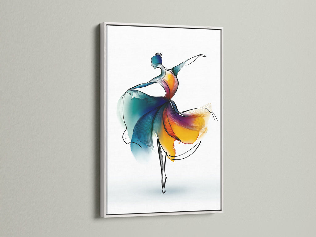This stunning ballet dancer artwork is set in a white frame. The watercolor print uses blue and orange hues in an abstract style. It is perfect for modern wall art and contemporary dance decor. Enhance your studio or home.