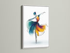 This stunning ballet dancer artwork is set in a white frame. The watercolor print uses blue and orange hues in an abstract style. It is perfect for modern wall art and contemporary dance decor. Enhance your studio or home.