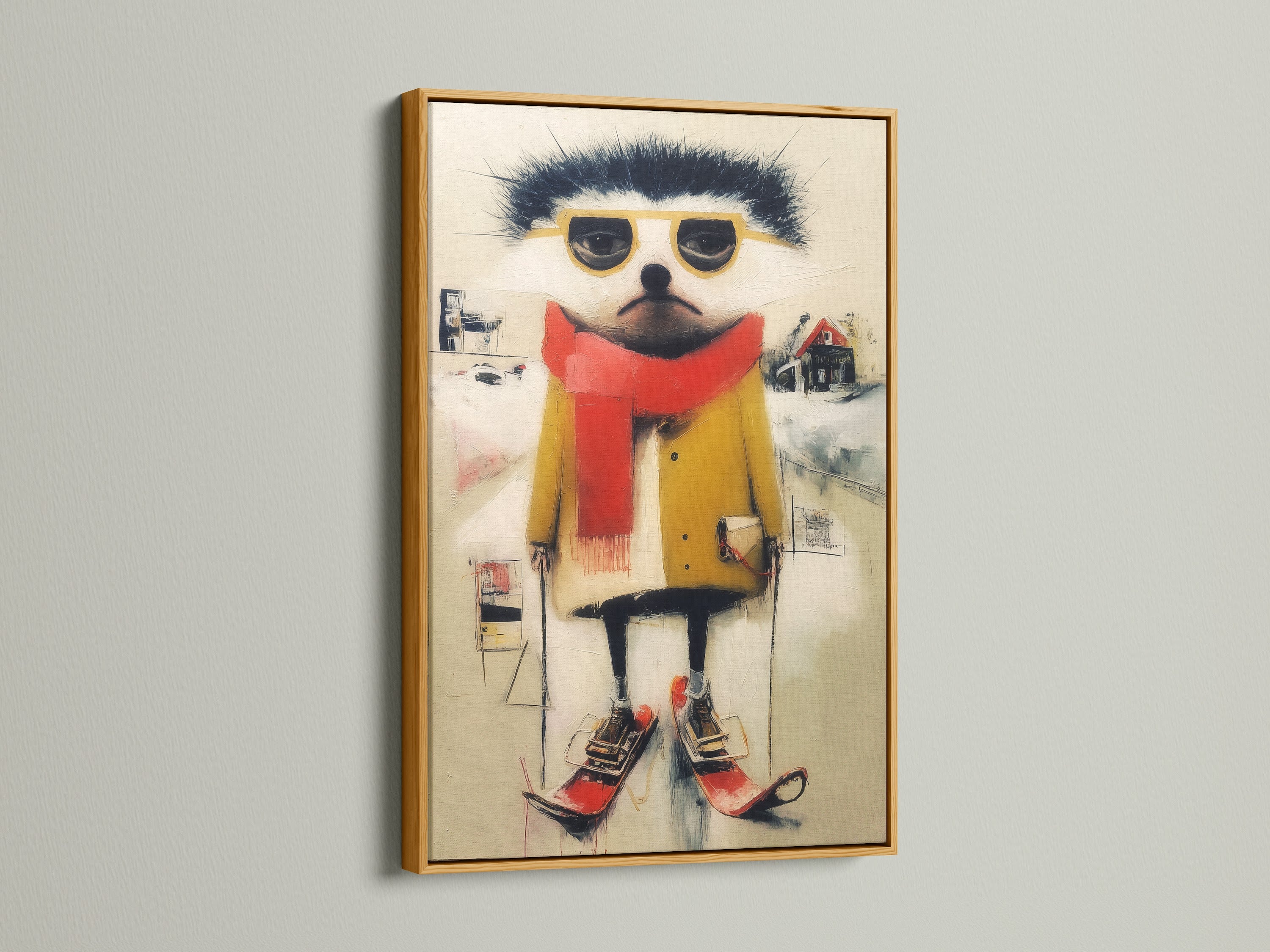 Gold frame showcasing a quirky ski animal canvas. This artwork adds a touch of elegance to your space. Perfect for nurseries and coffee shops. The whimsical winter wall art is a contemporary folk art treasure
