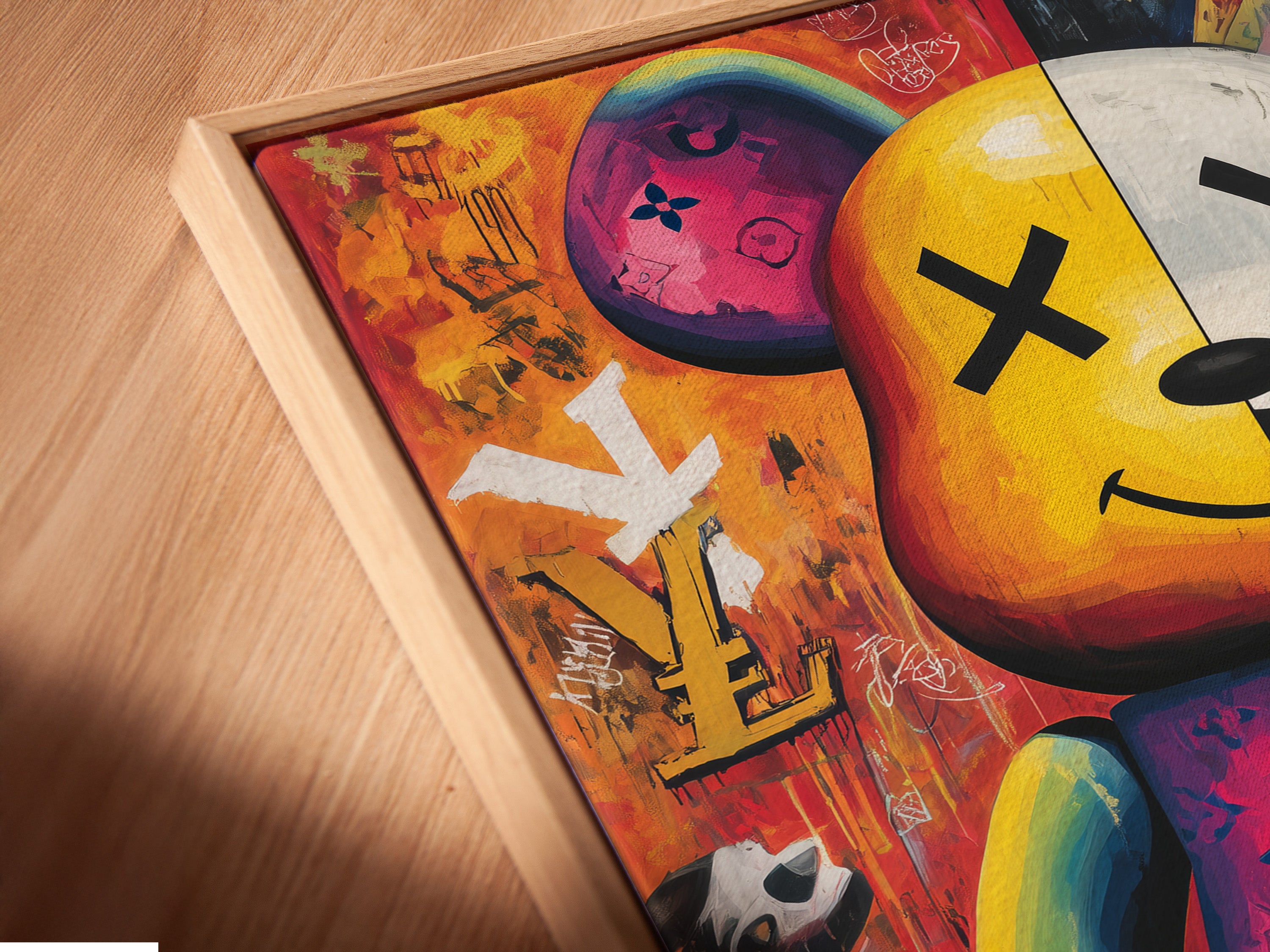Close-up of a canvas print in a floating frame. The Kaws Companion artwork showcases a colorful bear. This pop art canvas adds a modern touch. The floating frame gives it a gallery-style look.