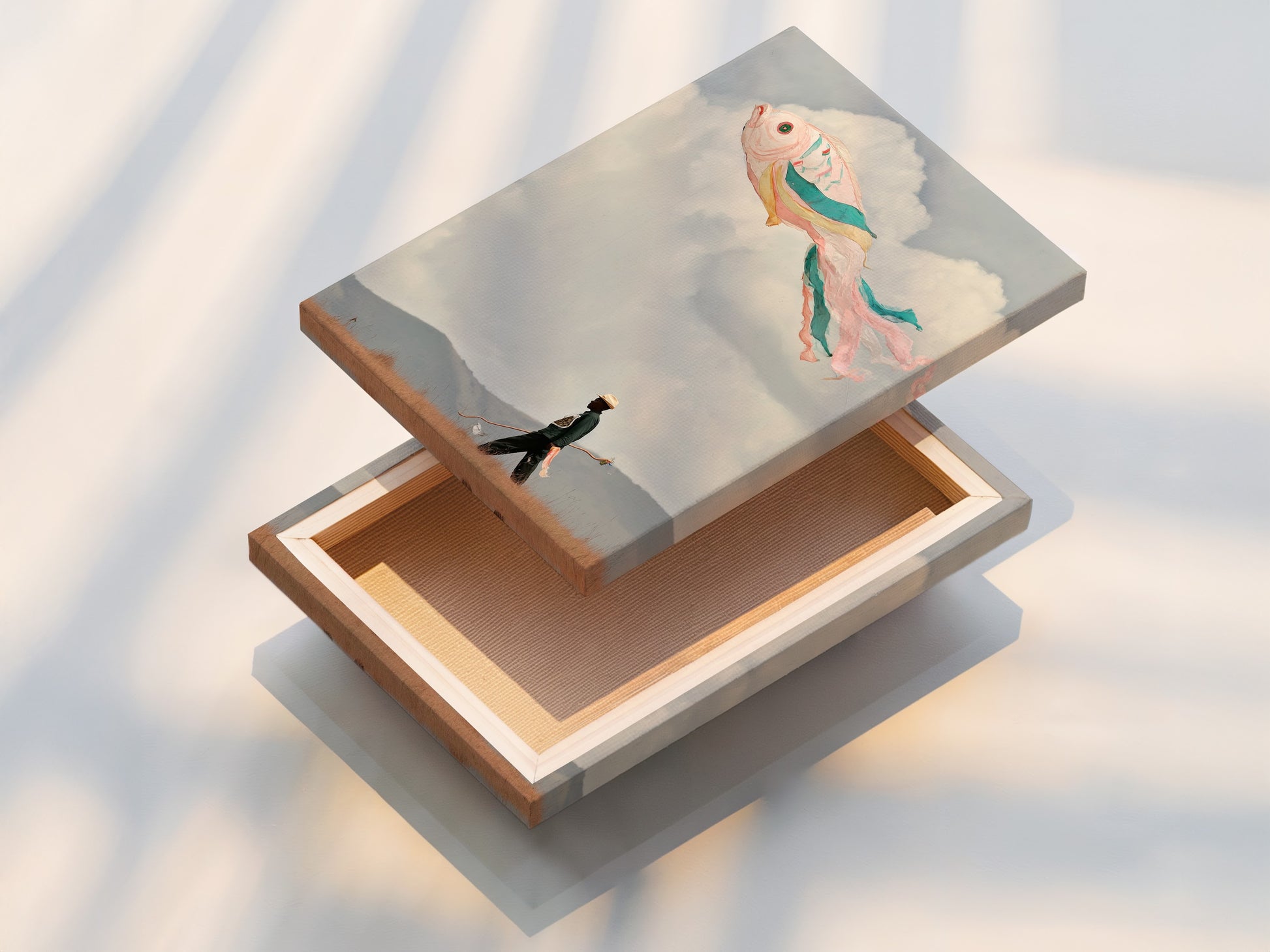 This is a stretched canvas print of the surreal flying fish artwork. The canvas enhances the artwork's dreamlike quality. It brings a whimsical touch to any room. This piece is perfect for coastal minimalist or eclectic styles. The stretched canvas ensures the artwork is ready to hang and enjoy.