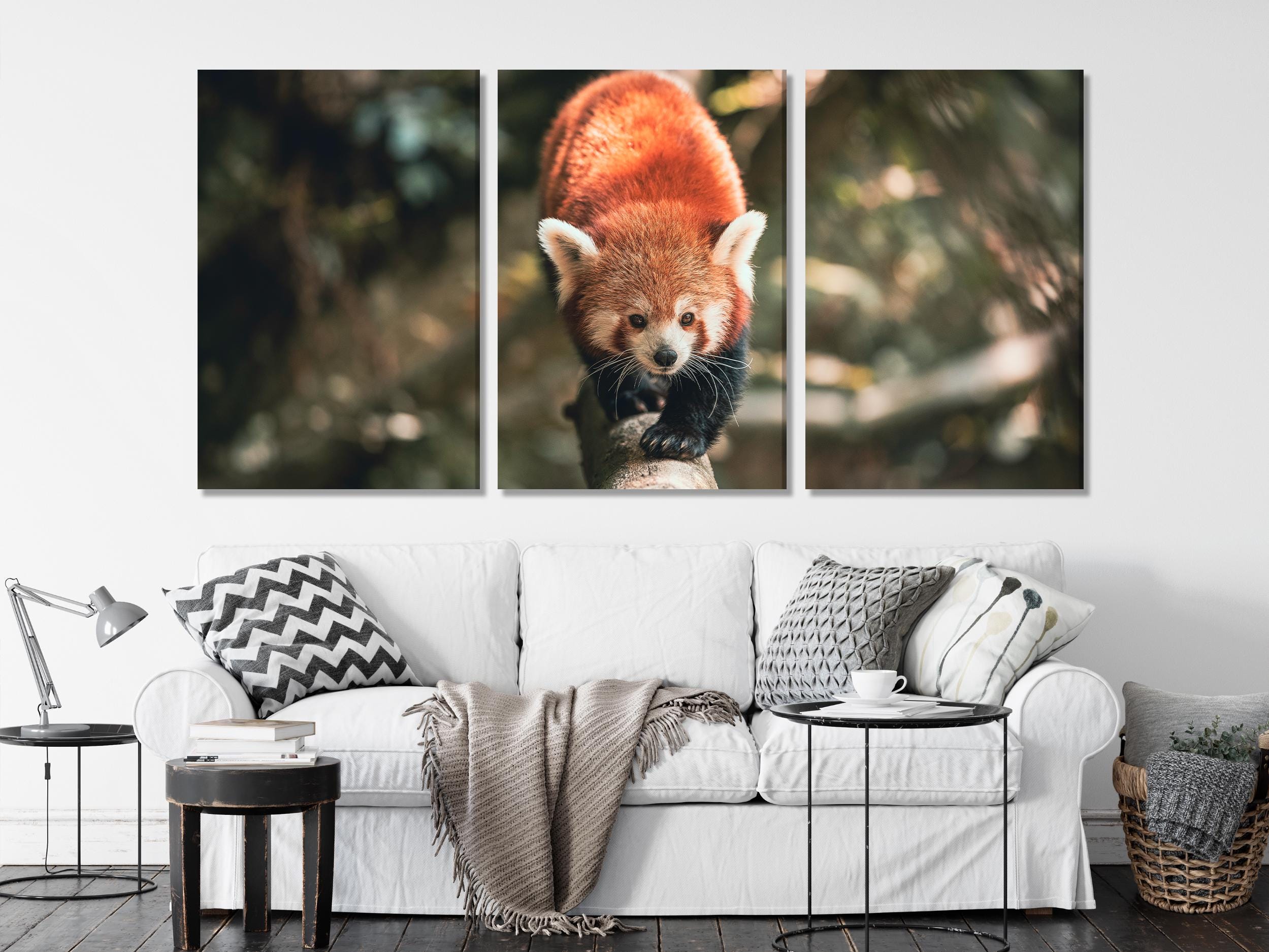 Grande impression sur toile de panda roux, belle œuvre murale d'animaux sauvages, œuvre d'art surdimensionnée d'un animal forestier, toile adorable pour décoration nature