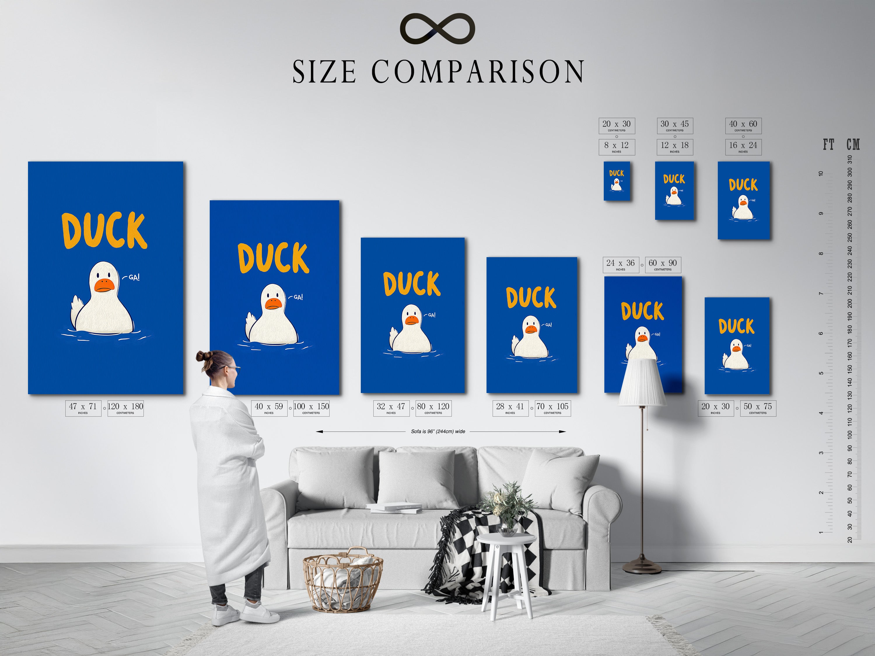 Size Comparison Chart in Interior for Duck Canvas Print. See how this funny animal art fits in a kids room. The blue and orange colors add a contemporary style. This cute duck artwork is perfect for nursery wall decor. Find the perfect size.