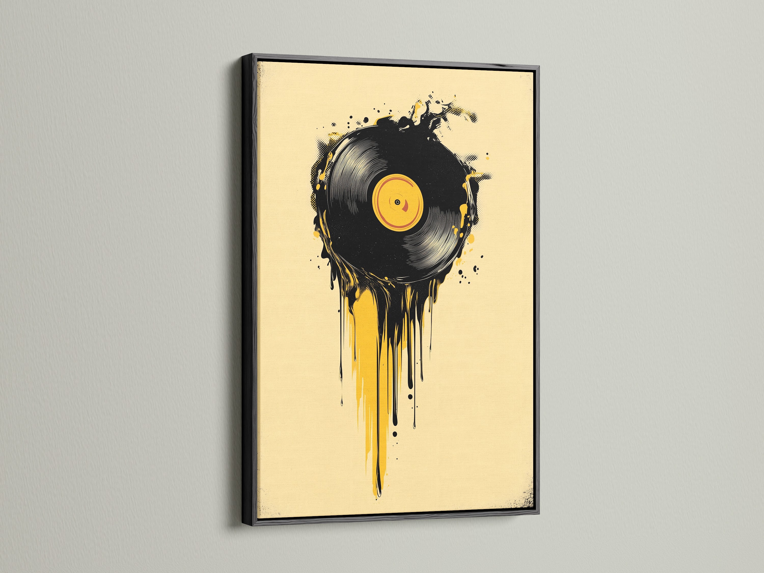 Artwork featuring a vinyl record with dripping paint in a black frame. A classic black frame adds sophistication. The black frame makes the colors pop. This artwork is versatile for any room style. See how a black frame can transform your art.