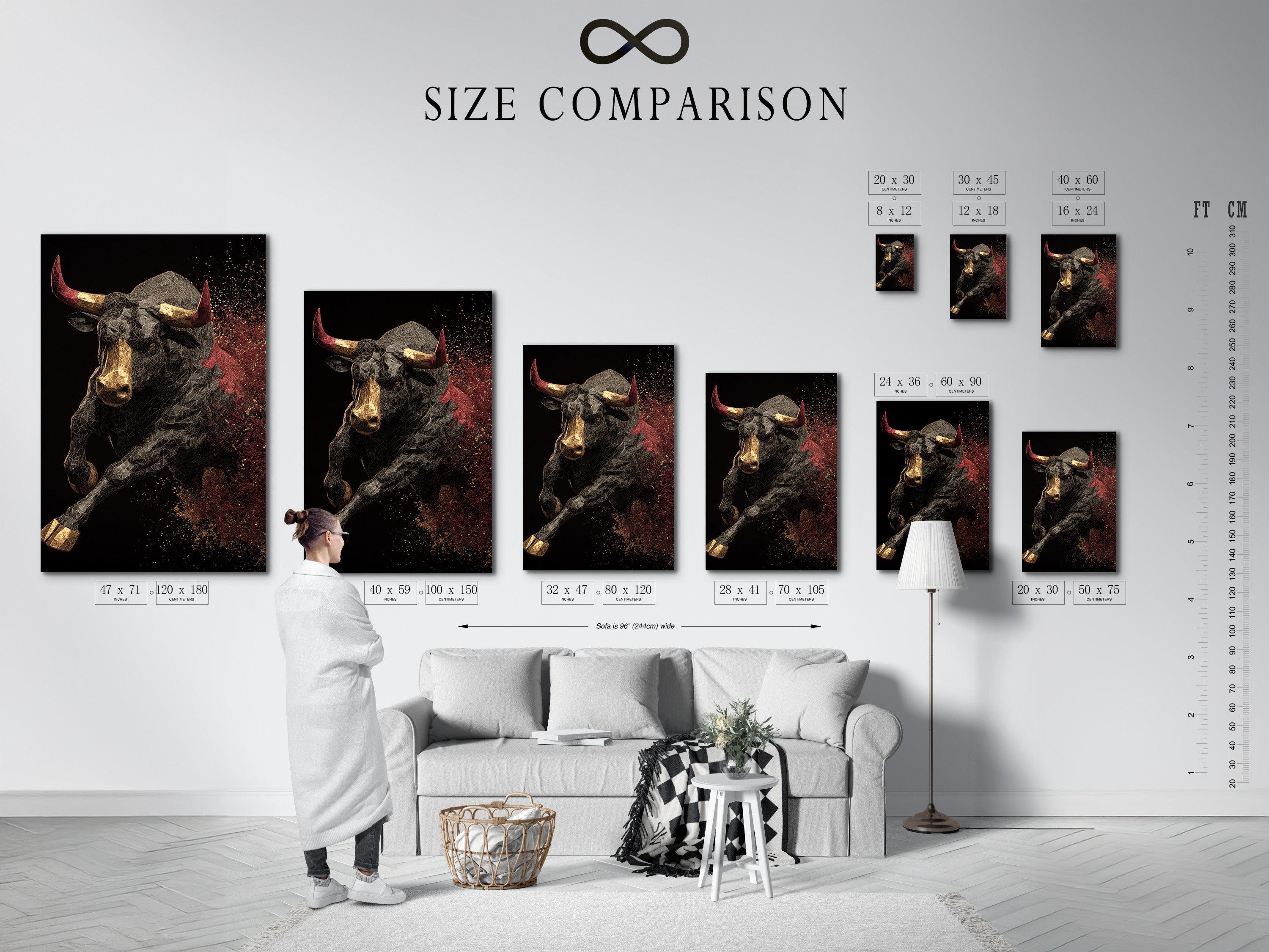 A size comparison chart is displayed in an interior setting. This chart helps visualize the artwork. See how different sizes fit your space. Choose the ideal dimensions for your walls.
