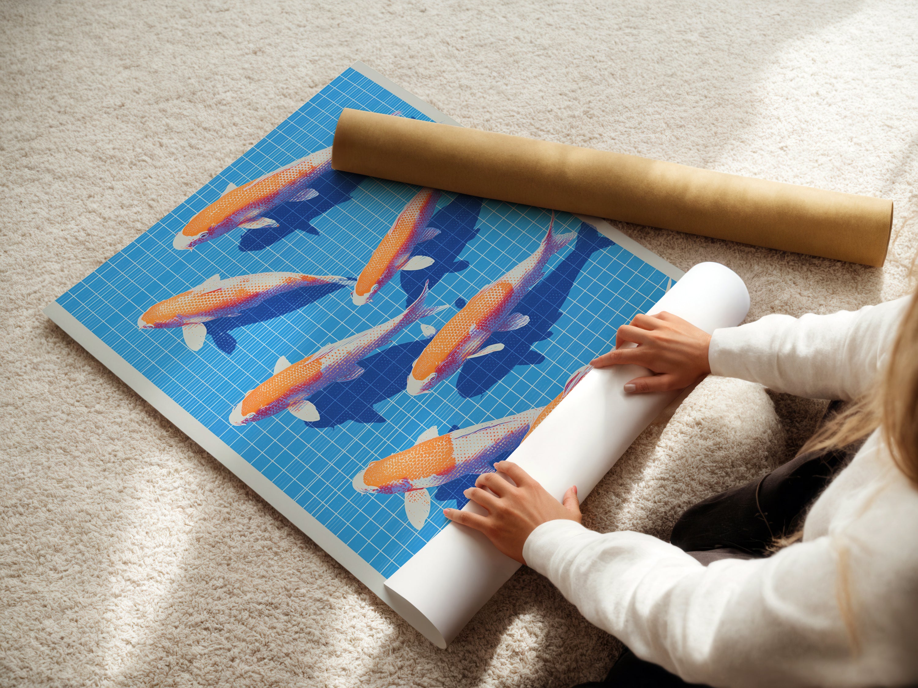 Woman rolling a fine art poster paper print of the Koi Fish artwork. This Japanese print features orange and white Koi fish on a blue grid pattern. Perfect for adding a serene touch to your home wall art.