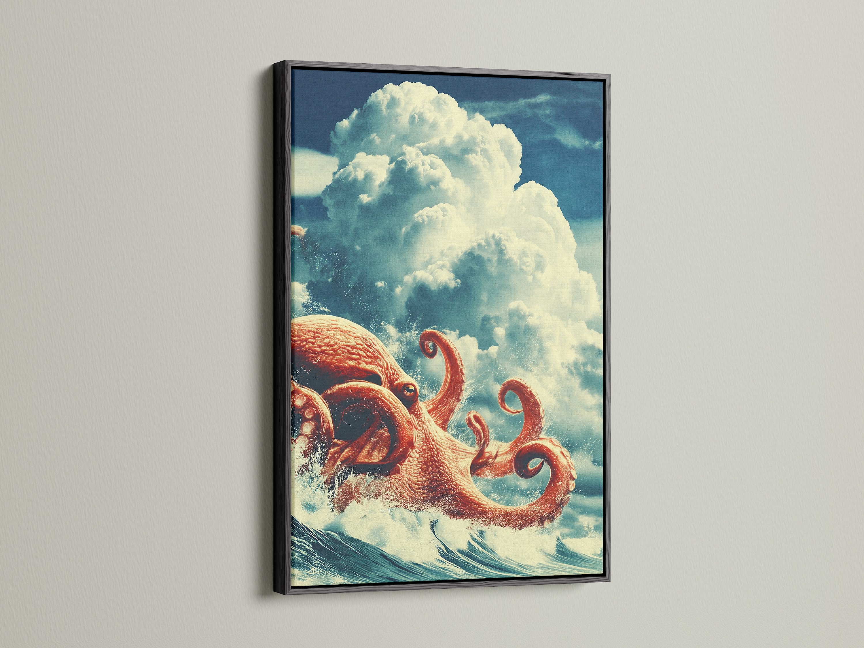 Here is the surreal octopus artwork in a black frame. The bold black frame adds a touch of sophistication. It contrasts beautifully with the marine art prints. This sea themed print is perfect for any room. Consider a black frame for a dramatic effect.