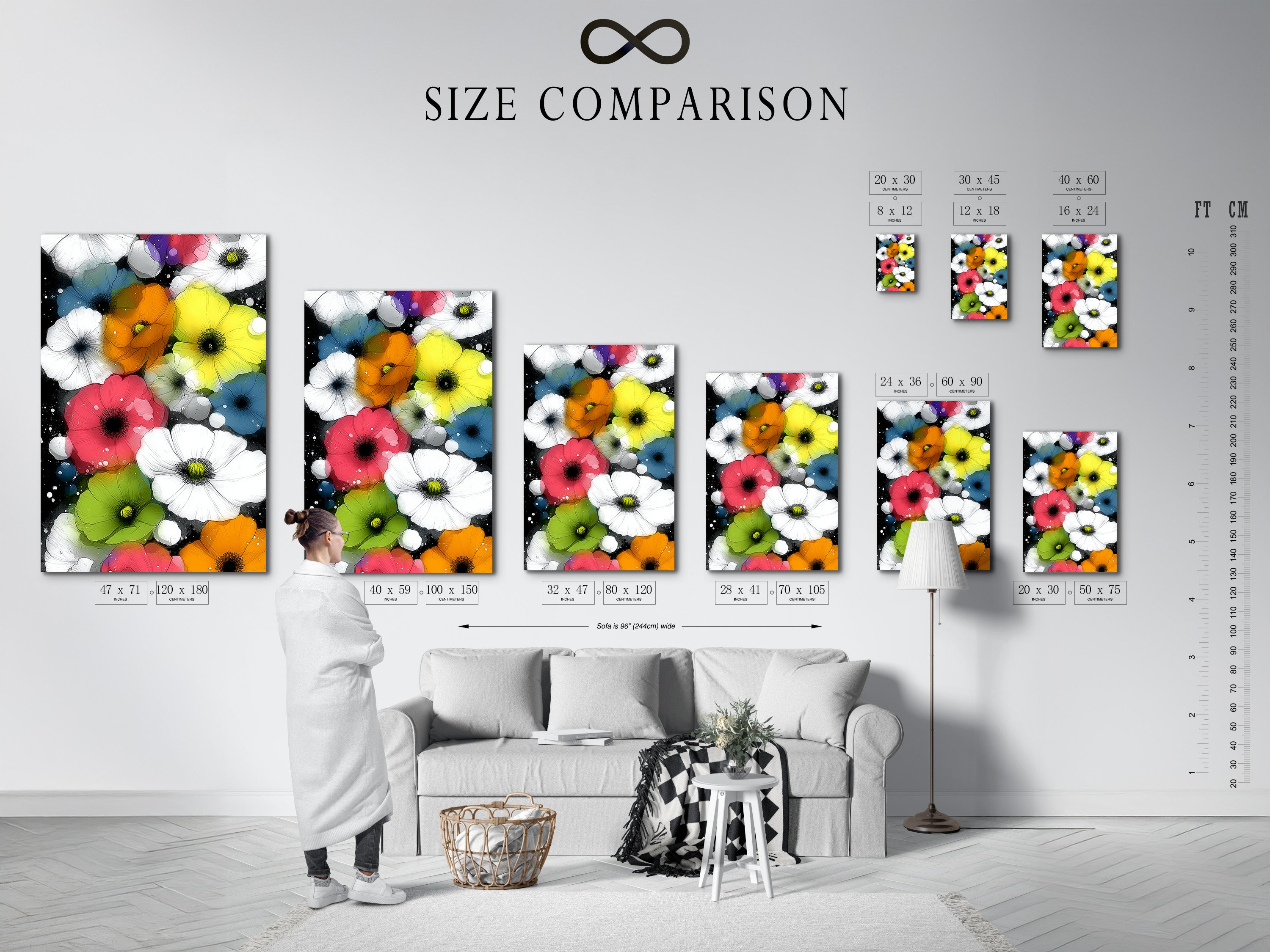 Size comparison chart in an interior setting is displayed. The chart helps you visualize the different sizes of the artwork. It is perfect for planning your wall decor. Choose the ideal size for your floral canvas print. Create a stunning display with modern home art.