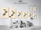 A size comparison chart is displayed in an interior setting. The chart helps visualize the artwork. See how it fits in different spaces. Perfect for planning your coastal wall decor. Find the ideal size for your room.