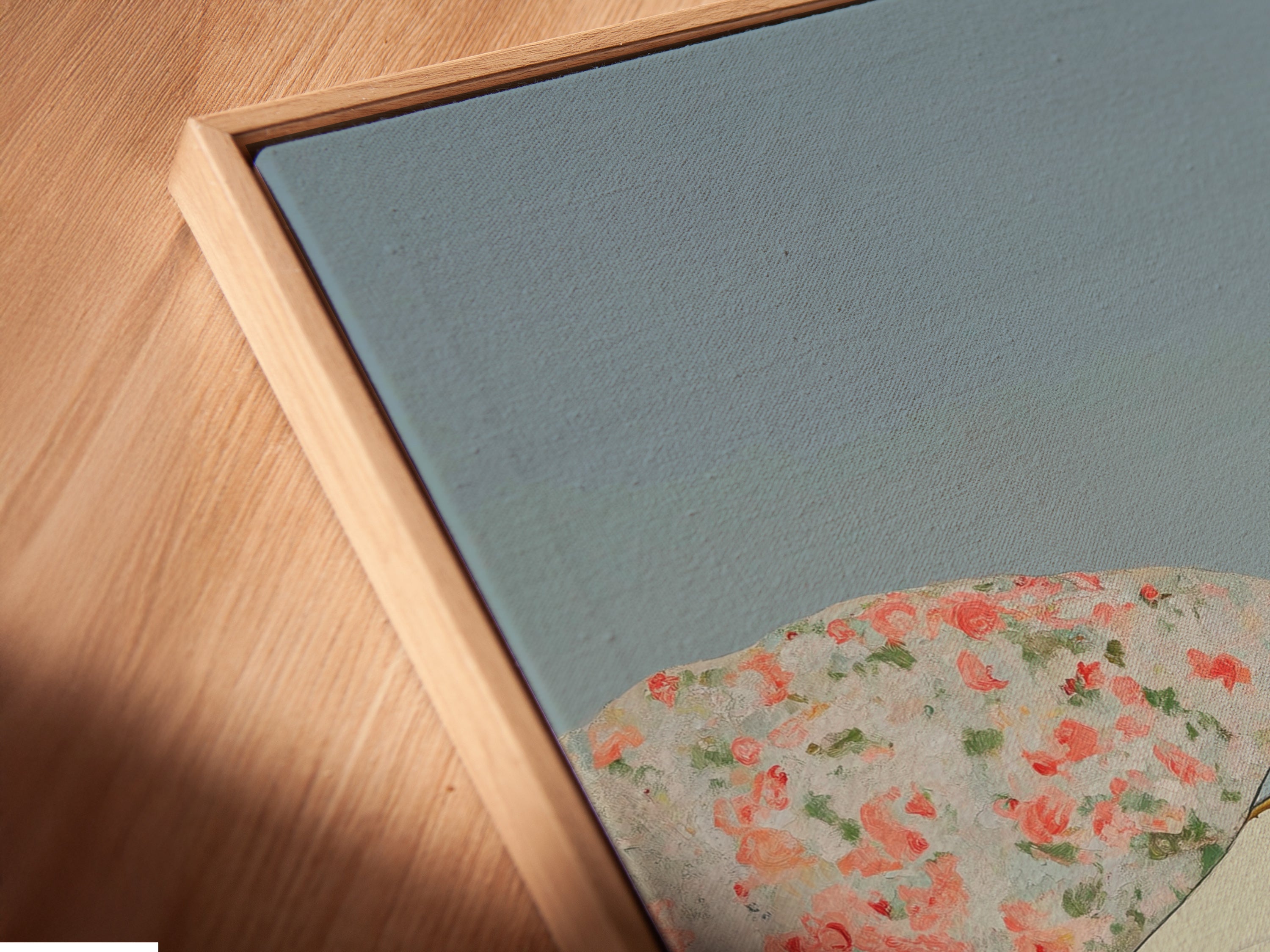 A close-up of a canvas print in a floating frame. The vintage airplane art stands out. Retro aviation art is elegantly displayed. This mid century print adds depth to any room. The floating frame enhances the artwork's presence.