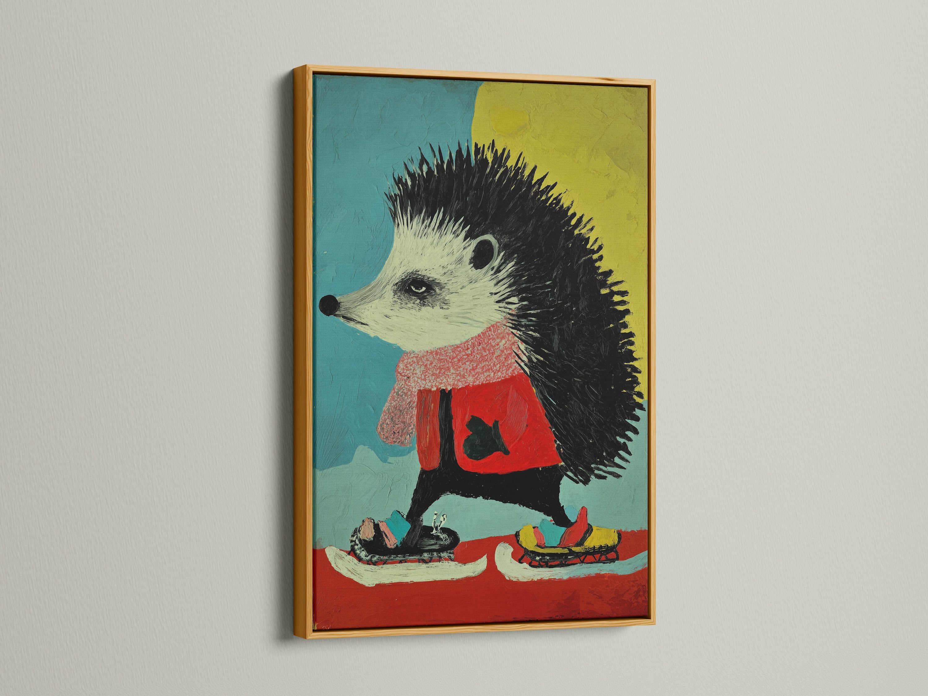 Hedgehog canvas print in a gold frame. This artwork features a colorful animal print. Perfect for adding a whimsical touch to any nursery decor. The children's wall art is ideal for a playroom. It's a cute and contemporary piece.