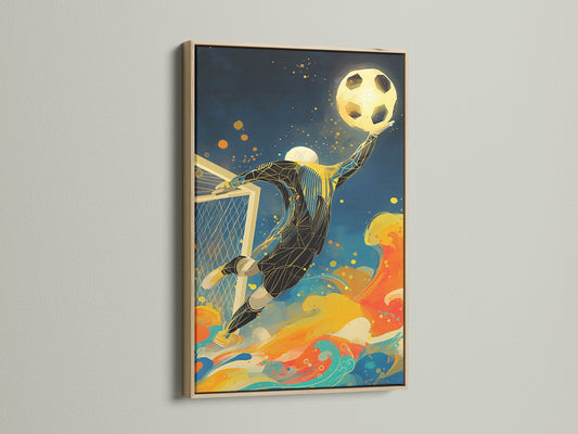 This image showcases a soccer goalkeeper artwork. The artwork is presented in a classic oak frame. It enhances the piece's charm. Ideal for vintage sports art collectors. It brings a sense of nostalgia and energy to any space.