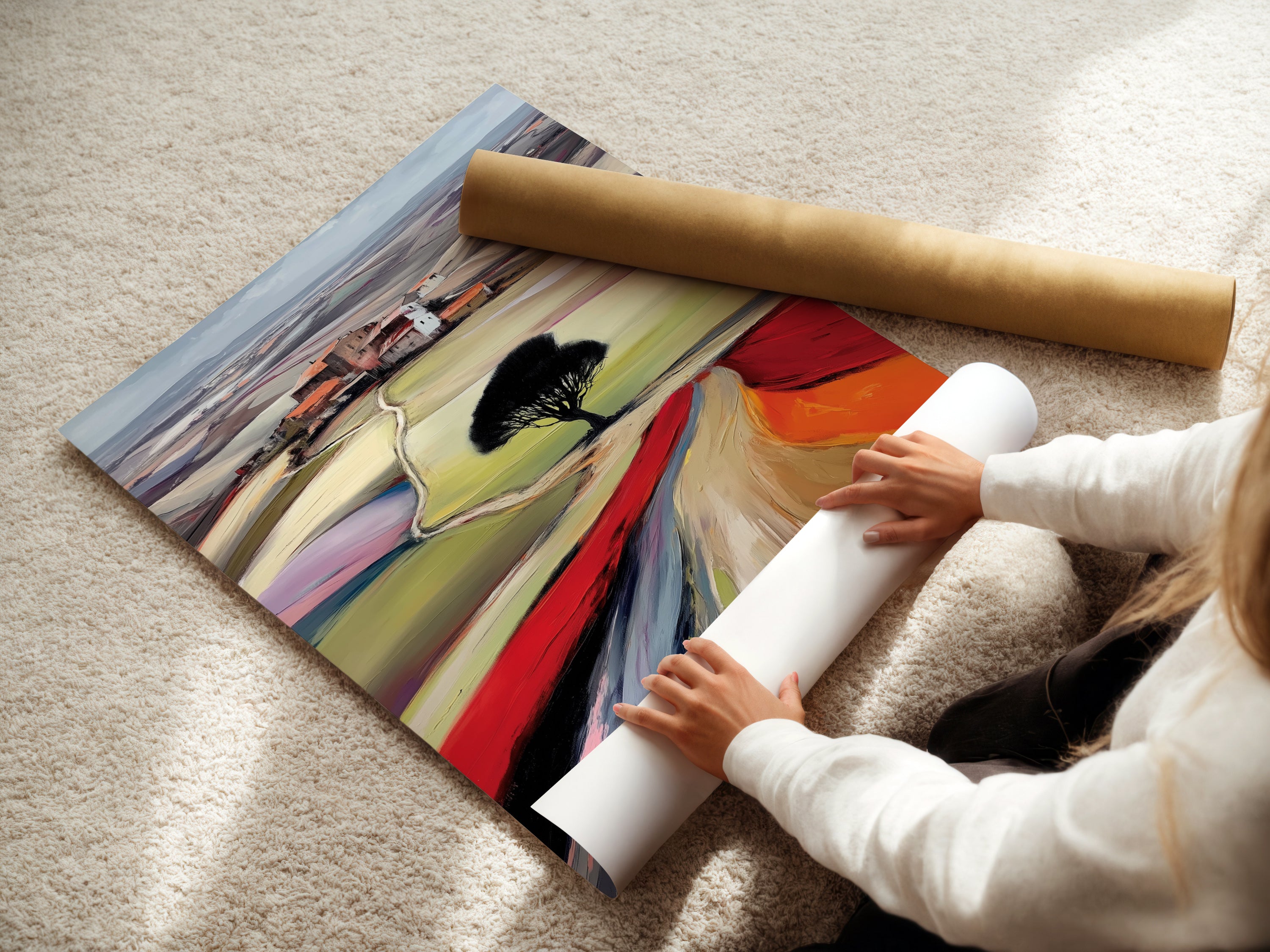 A woman is carefully rolling a fine art poster paper print of a Tuscany Landscape. The fine art paper ensures vibrant colors. The poster paper is ready to be framed and displayed. This Italian countryside artwork is perfect for any space.