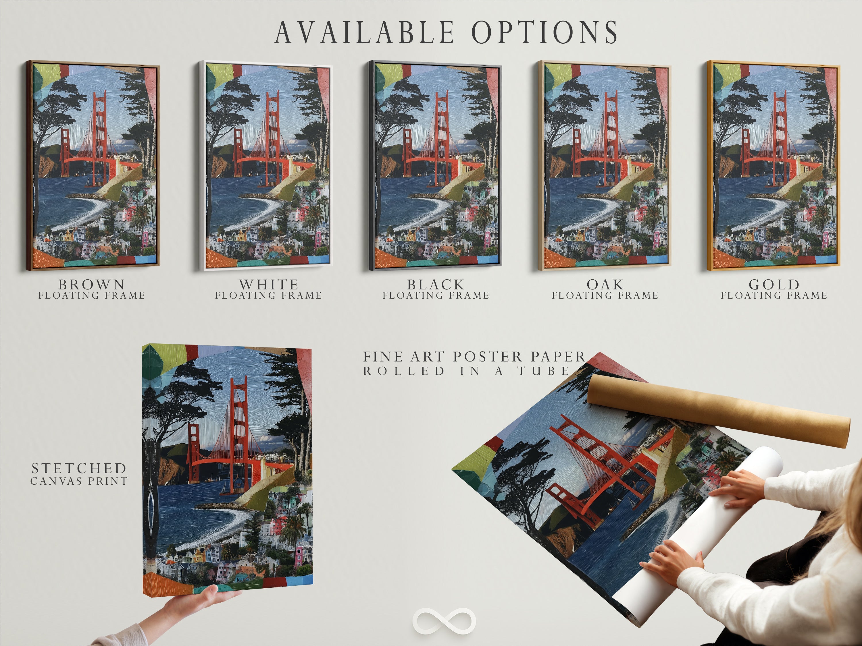Available options include a stretched canvas print fine art poster paper and floating frame. Customize your Golden Gate Bridge artwork to match your style. Select the perfect San Francisco wall art for your space today.