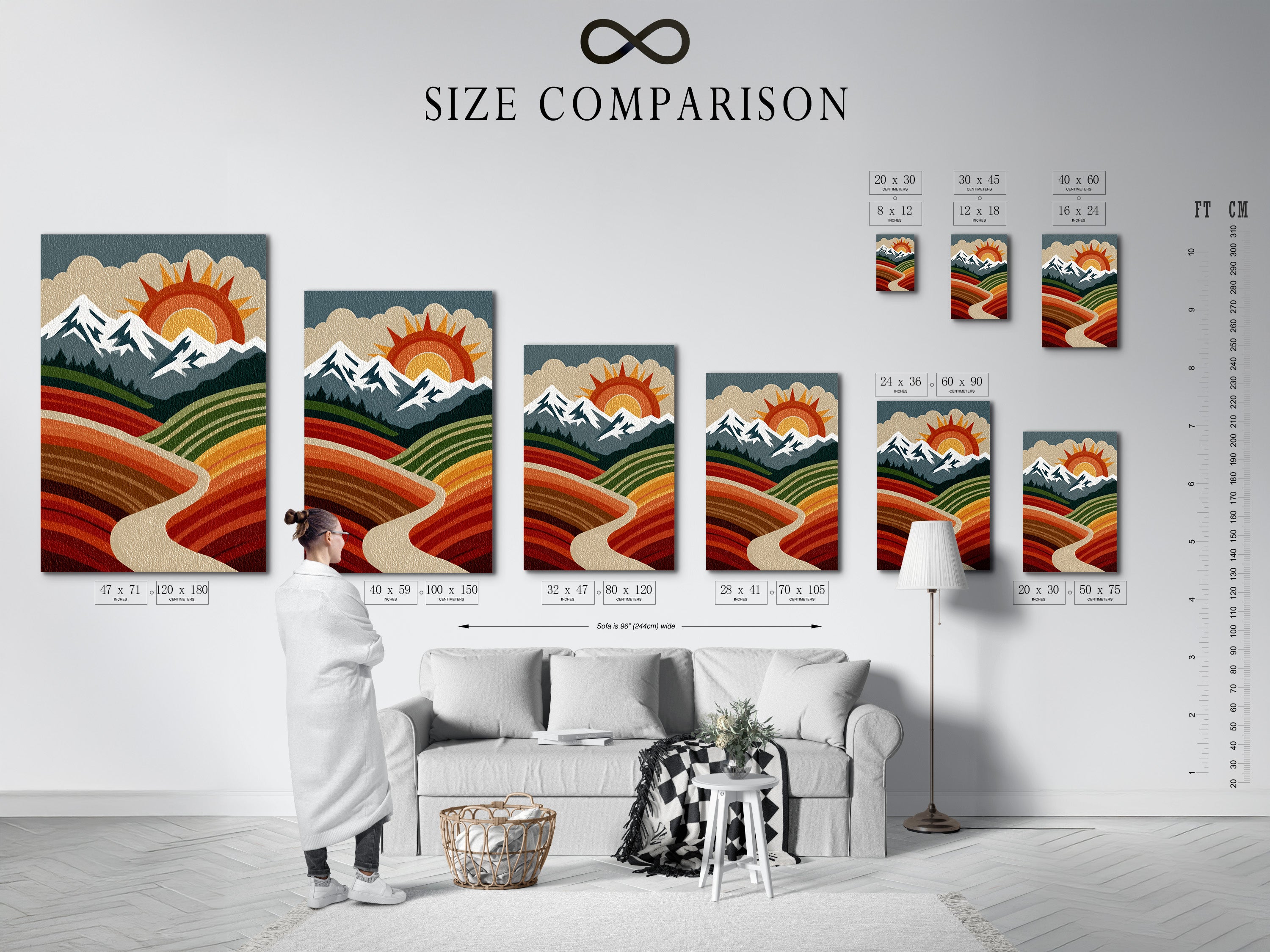 A size comparison chart in an interior setting. The chart showcases various sizes of the mountain landscape artwork. The artwork features a retro sun mountains and valley. Visualize the ideal size for your space.