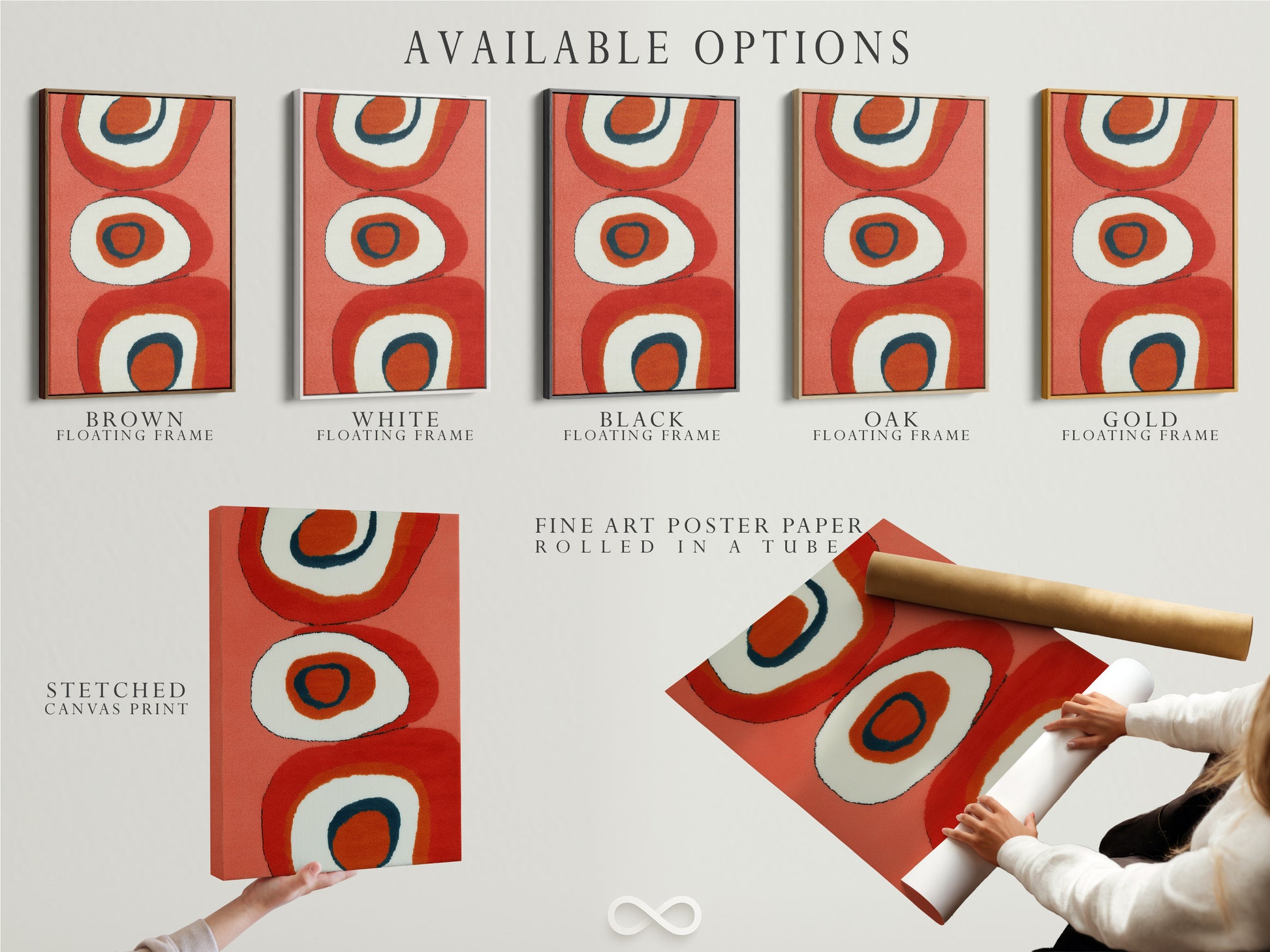 Explore the available options for this mid-century abstract artwork. Choose from a stretched canvas print a fine art poster paper or a floating frame. Customize your retro orange geometric art to match your personal style and decor preferences.
