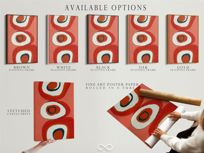 Explore the available options for this mid-century abstract artwork. Choose from a stretched canvas print a fine art poster paper or a floating frame. Customize your retro orange geometric art to match your personal style and decor preferences.