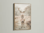 This artwork features a deer with a bow tie in an oak frame. The oak frame enhances the vintage animal wall art. Ideal woodland nursery decor for a charming bedroom. It's a perfect piece of Rustic Wall Art that complements country vintage or eclectic decor styles. The beige and brown colors create a warm inviting atmosphere.