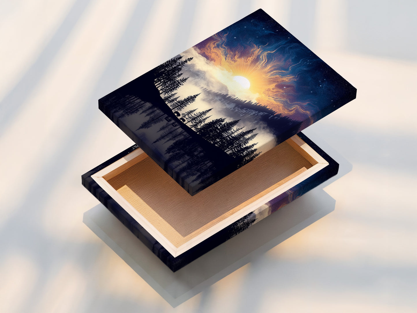 A stretched canvas print of the Mountain Lake artwork. Features include a serene lake and a celestial sky. This forest canvas is ready to hang. The nature print is great for bedroom decor and living room wall art. Bring modern nature indoors.