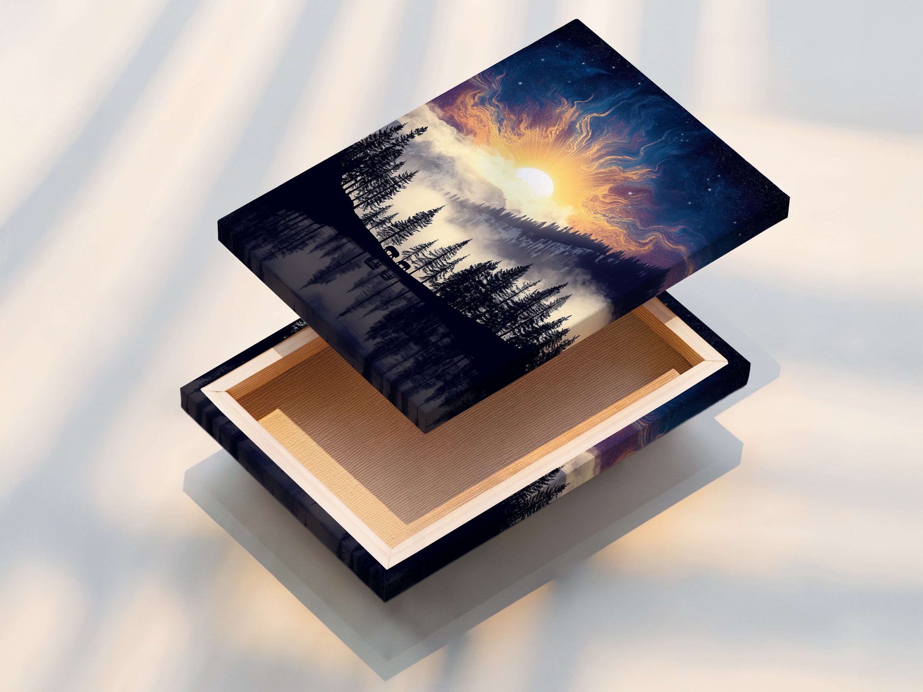 A stretched canvas print of the Mountain Lake artwork. Features include a serene lake and a celestial sky. This forest canvas is ready to hang. The nature print is great for bedroom decor and living room wall art. Bring modern nature indoors.