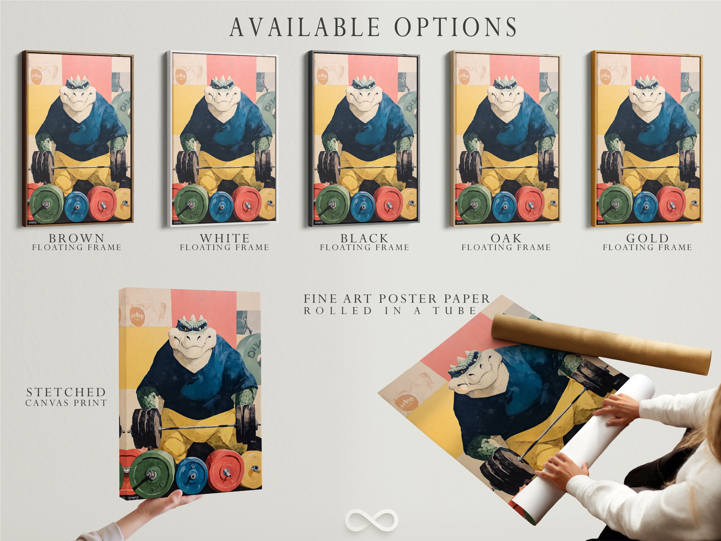 Available options for the Weightlifting Gator artwork. Choose from a stretched canvas print. A fine art poster paper is also available. Or select a stylish floating frame for your reptile artwork.
