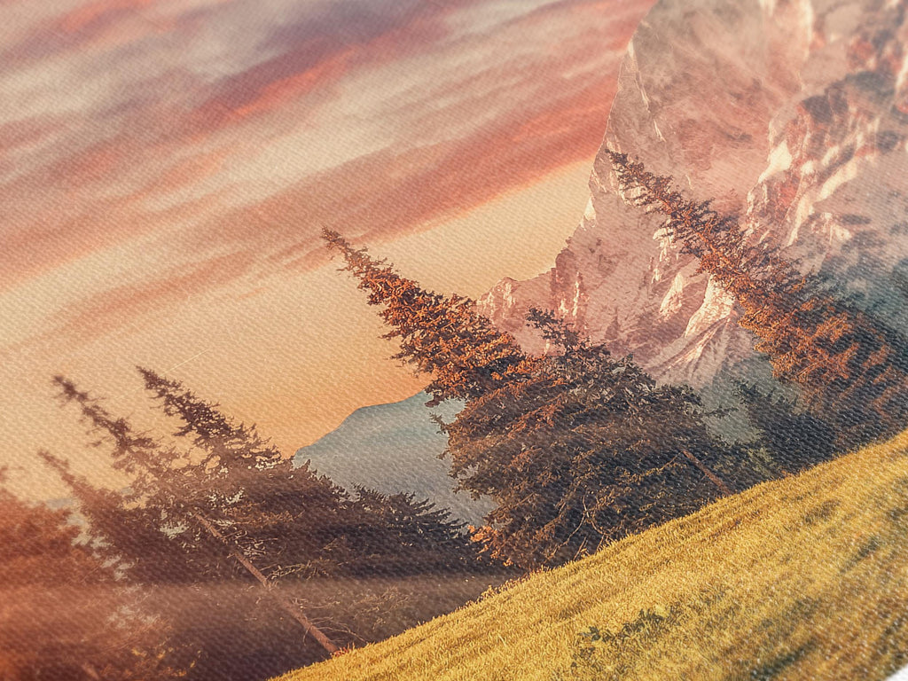 Mountain Sunrise Canvas Print – Majestic Landscape Wall Art, Golden Meadow and Snow-Capped Peaks, Nature-Inspired Decor for Living Room