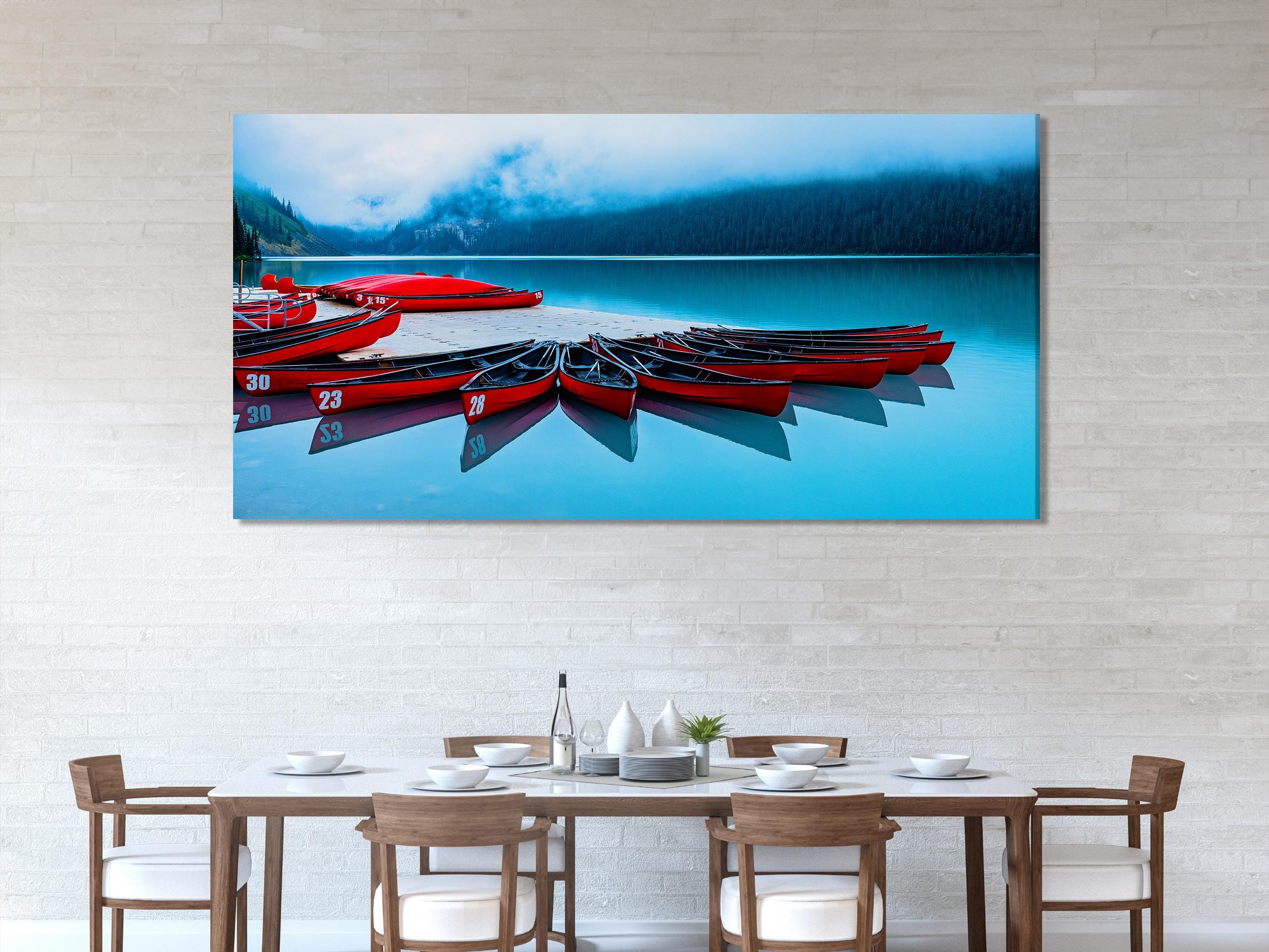 Canoe Canvas Art - Lake Louise Wall Art, Red Canoes Lake Print, Canoe Wall Art, Canadian Landscape Decor, Lake Louise Nature Photography Art