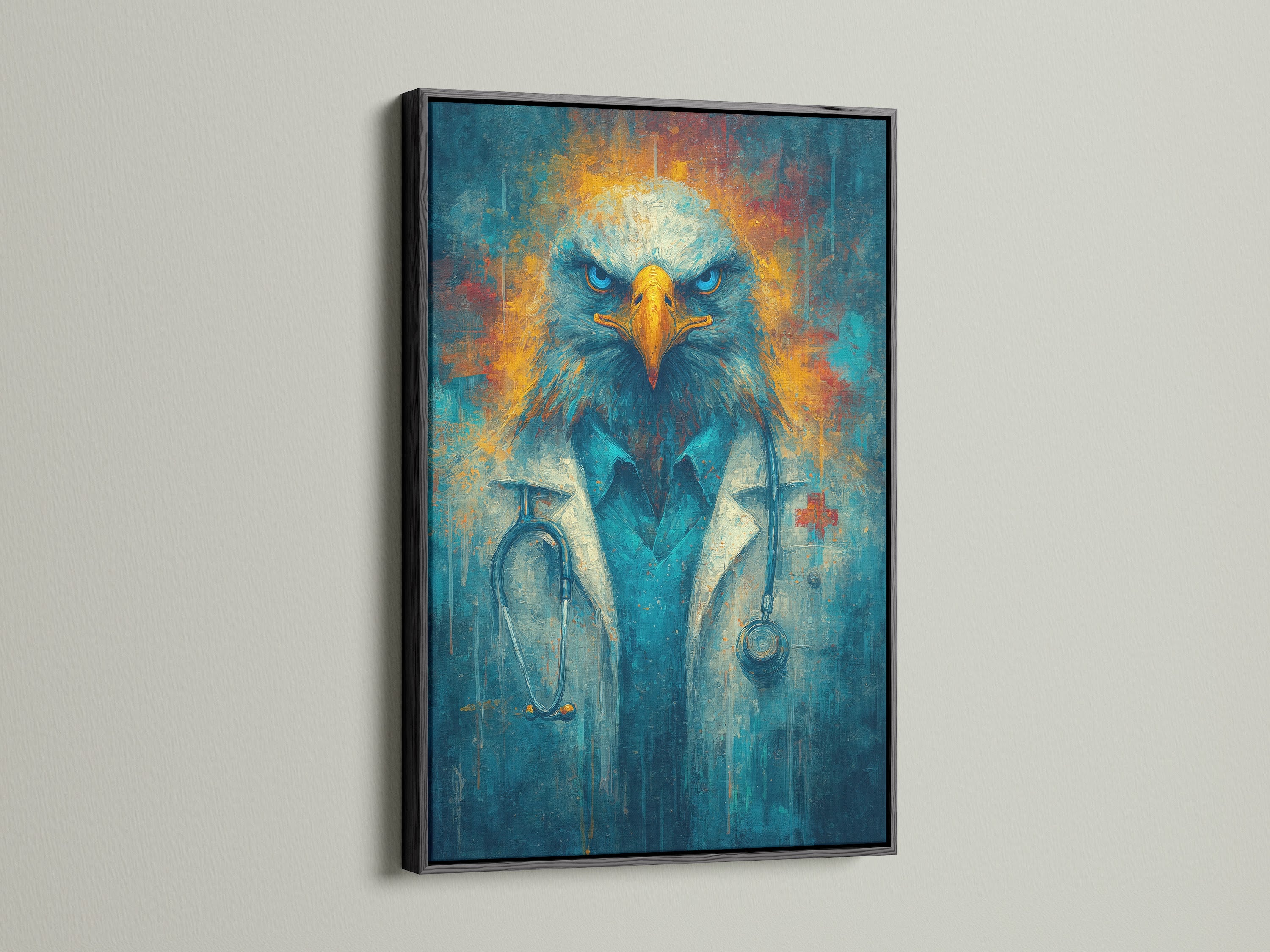 The Eagle Doctor artwork is displayed in a black frame. This medical professional wall art is perfect for a clinic or home office. The animal portrait canvas features blue and gold accents. It is a great choice for those seeking unique medical office decor. It adds a contemporary style to any space.