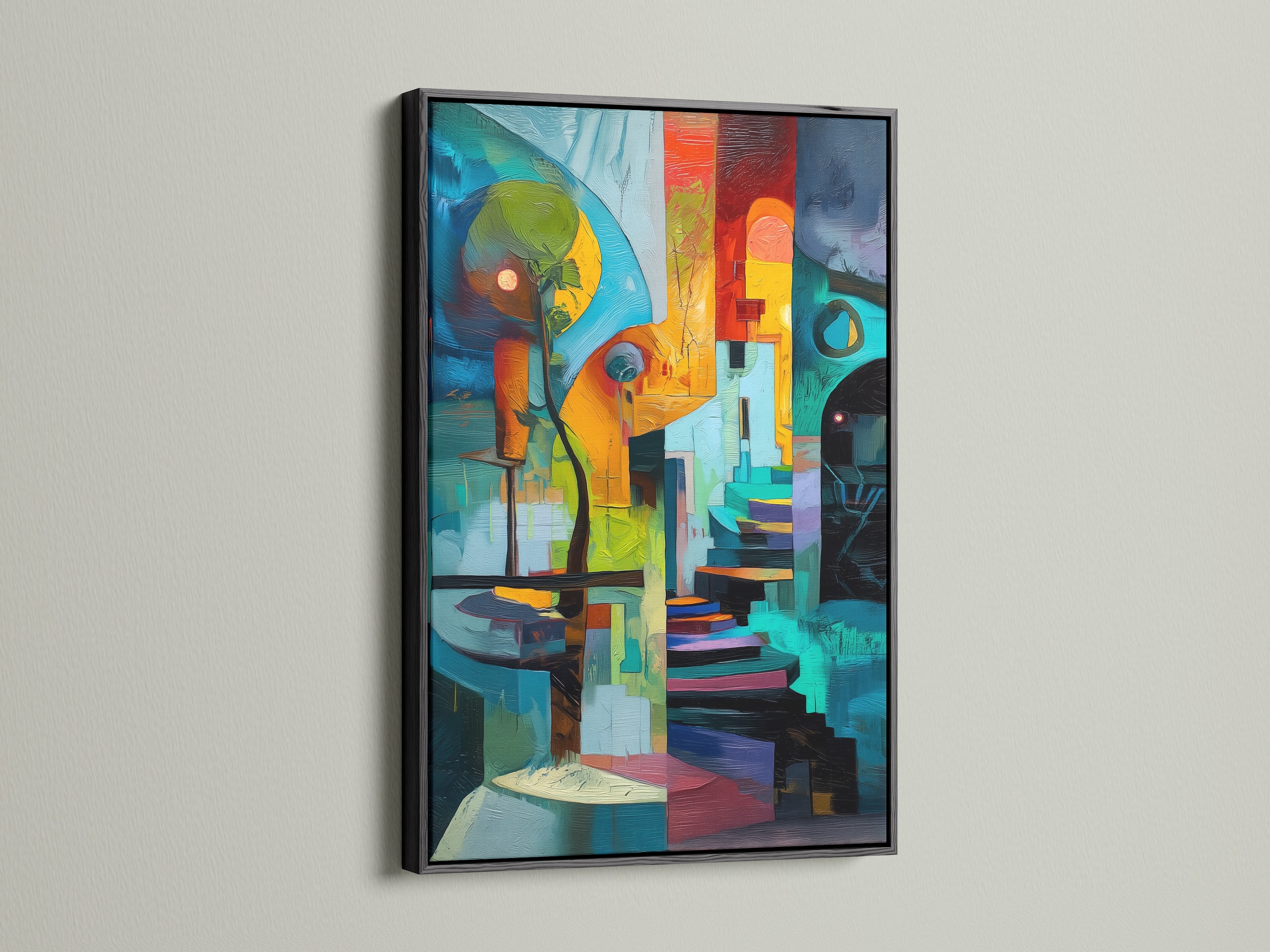 A black frame highlights a geometric abstract artwork. Teal and orange colors stand out beautifully. This modern canvas art transforms any room. It's perfect for living rooms and clinics. The contemporary style blends with various interior designs. Stagers and homeowners appreciate this art.
