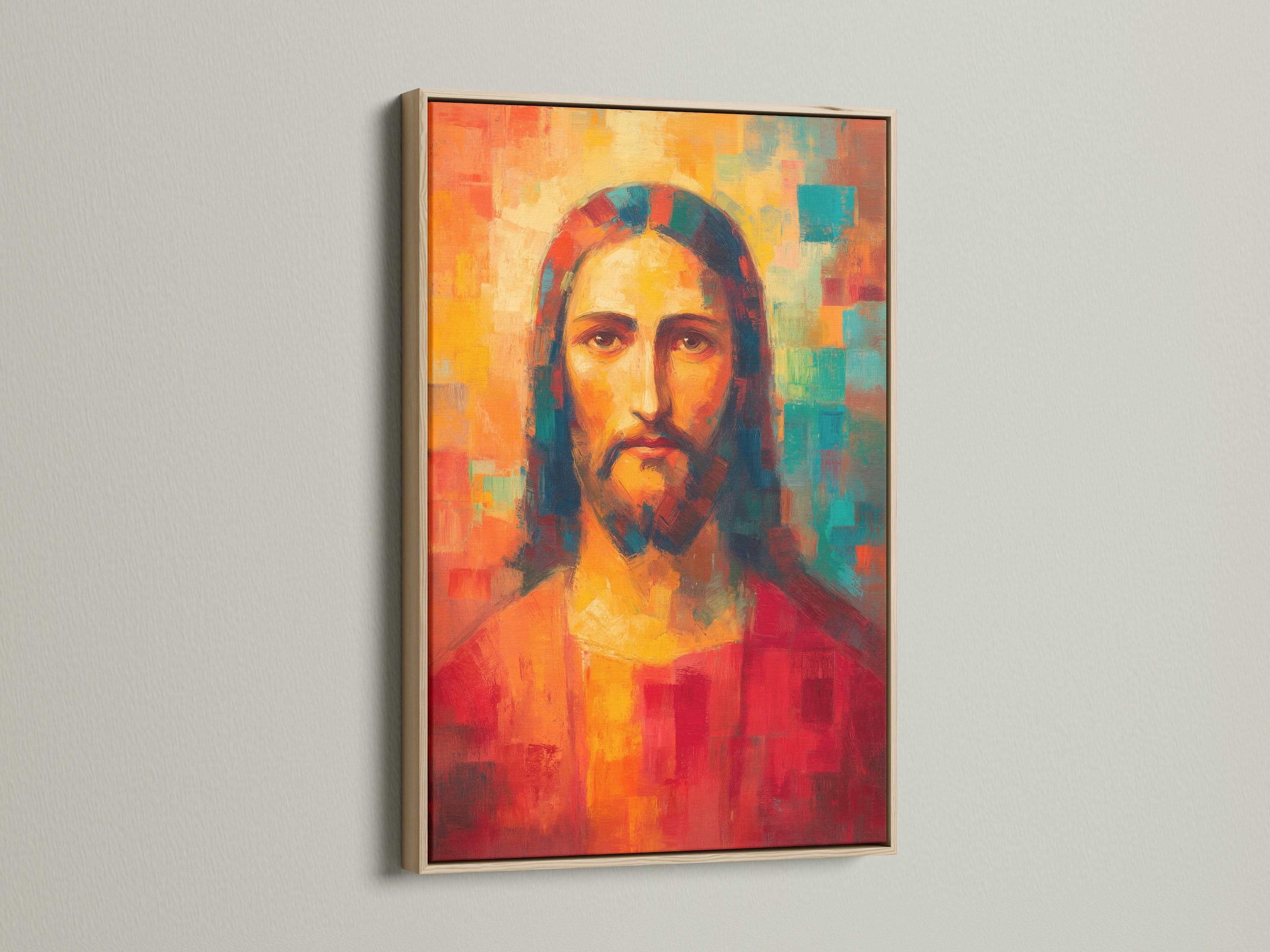 Oak frame art print. The artwork showcases a vibrant portrait of Jesus Christ. The frame is a natural oak wood finish. This art piece adds warmth and spirituality to any room. Discover our oak framed art.
