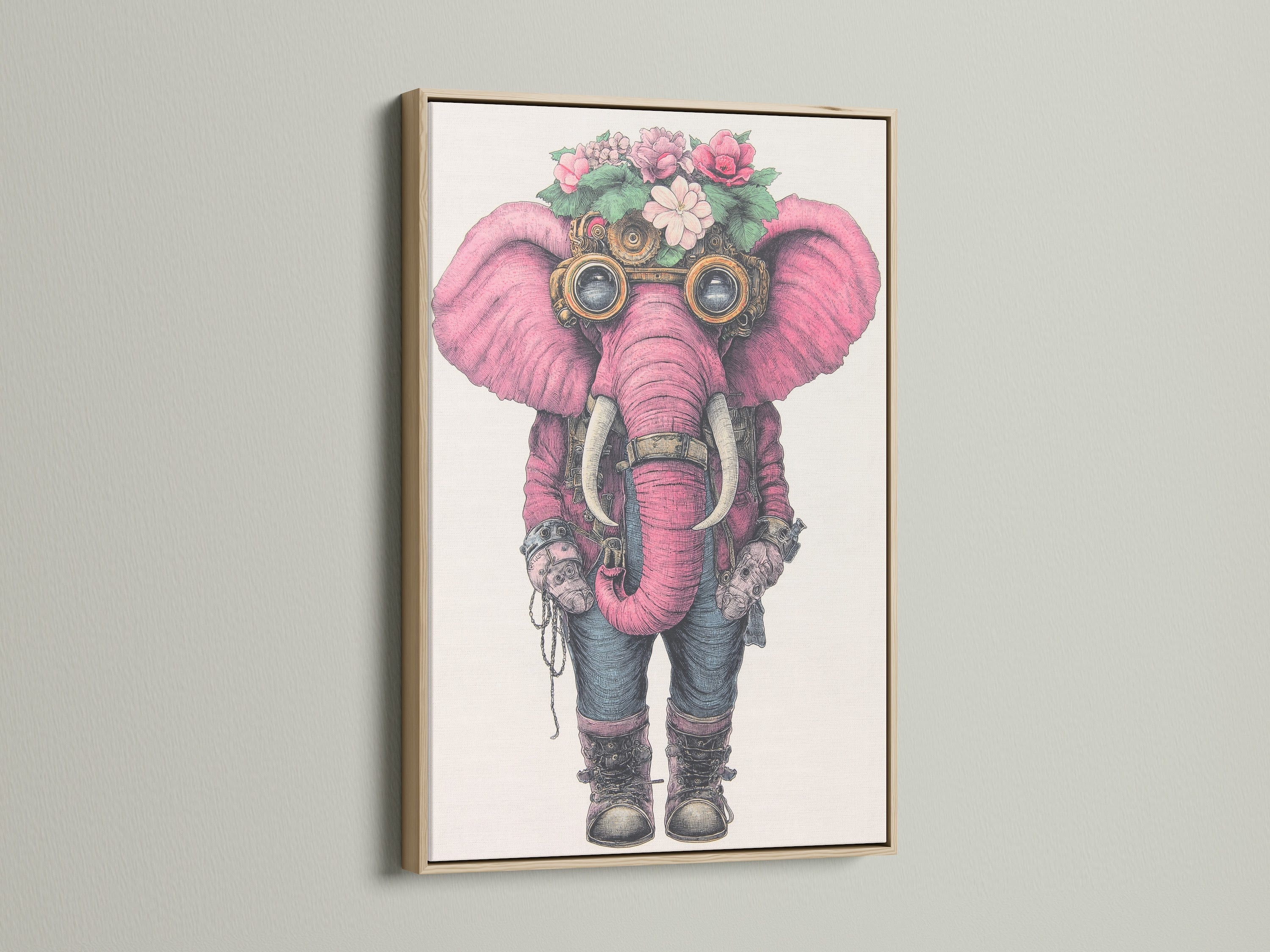 A close-up of an oak frame showcases a steampunk elephant art print. The artwork depicts a pink elephant with floral details and steampunk-style goggles. This whimsical animal art adds a touch of fantasy to any nursery decor.