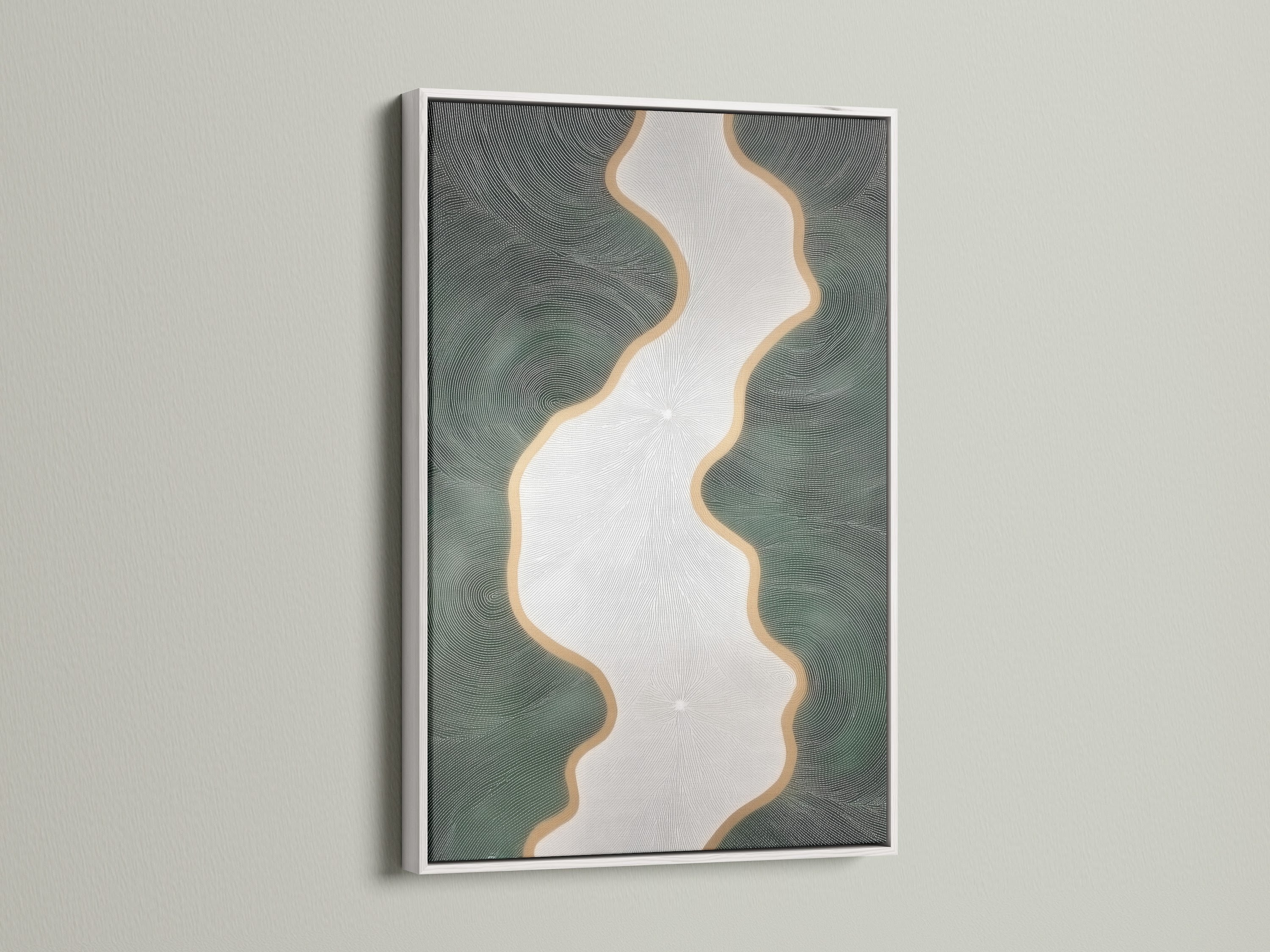 A white frame showcases the abstract river artwork. The sage green and gold art offers a modern organic aesthetic. The artwork is displayed in a white frame. It is ideal for enhancing bedroom wall decor. This contemporary print complements minimalist or Scandinavian styles. It's perfect for living rooms bedrooms offices spas boutiques and waiting rooms.