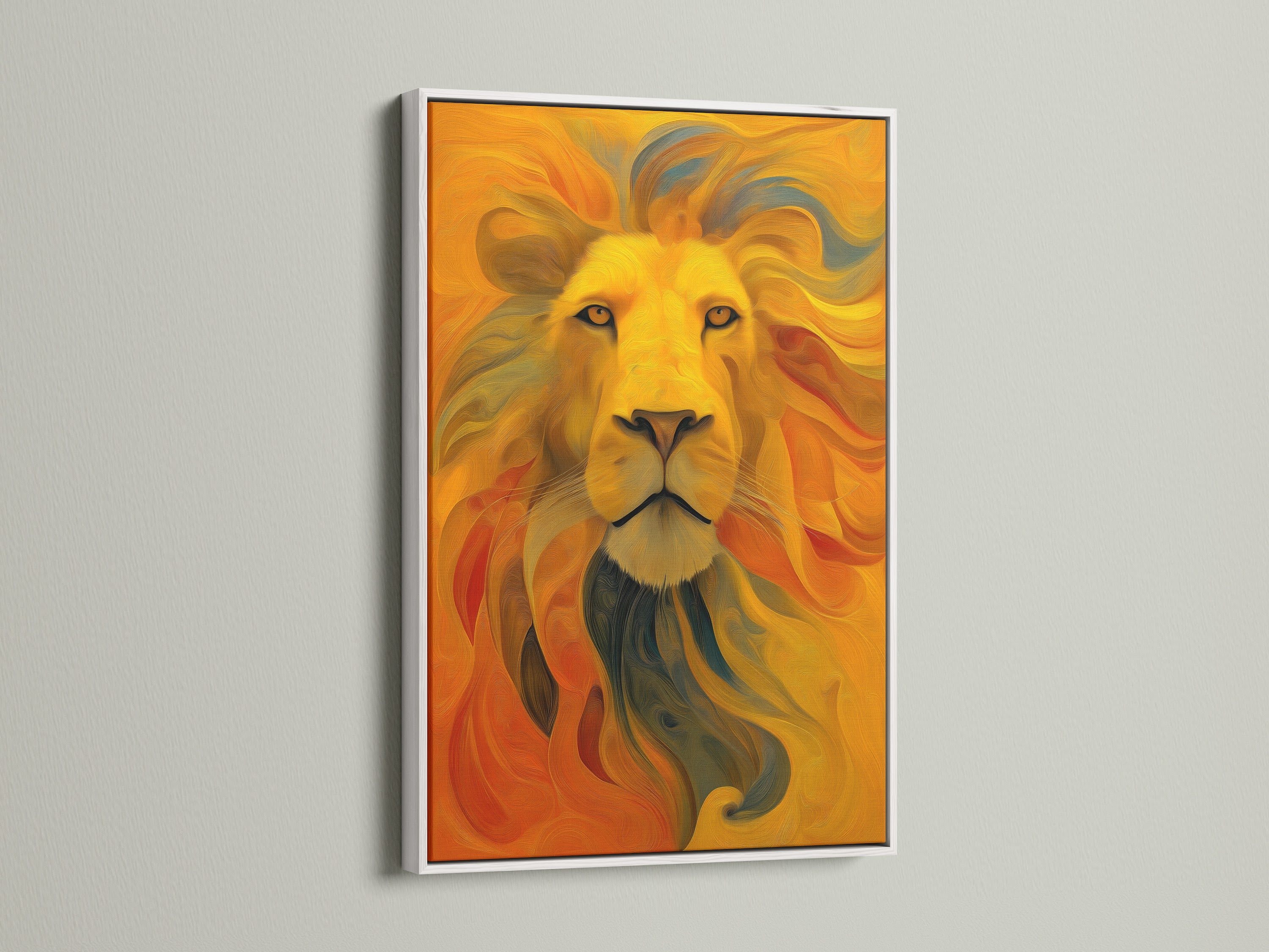 Lion artwork with a white frame mounted on a white wall. The white frame offers a clean and modern aesthetic. It allows the lion art to stand out. Enhance your home decor with framed animal artwork. Perfect for any room seeking a fresh artistic touch.