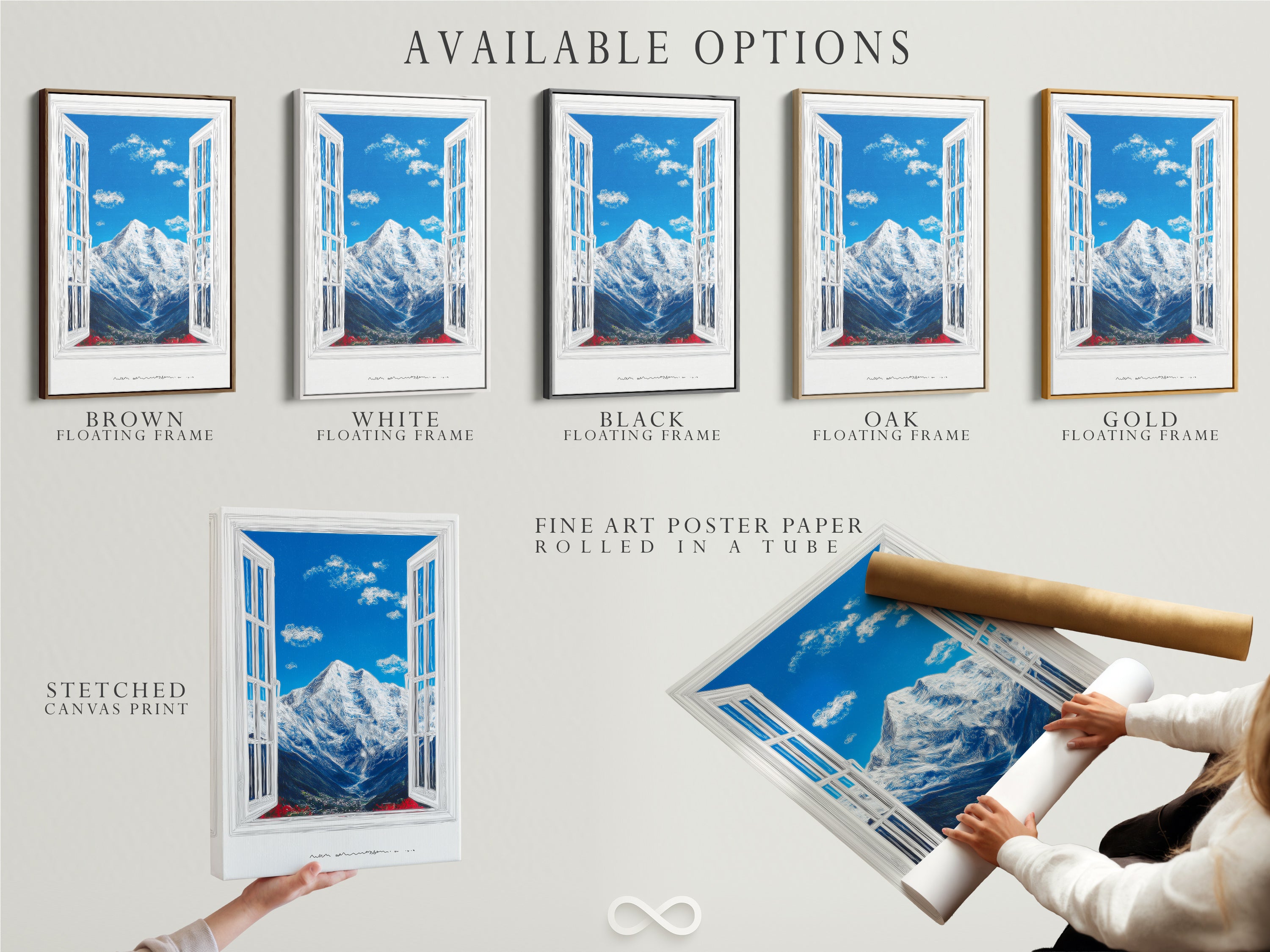 Available artwork options displayed. Choices include a stretched canvas print. Also available is fine art poster paper. Lastly there is a floating frame option. The art features a mountain view through an open window. 