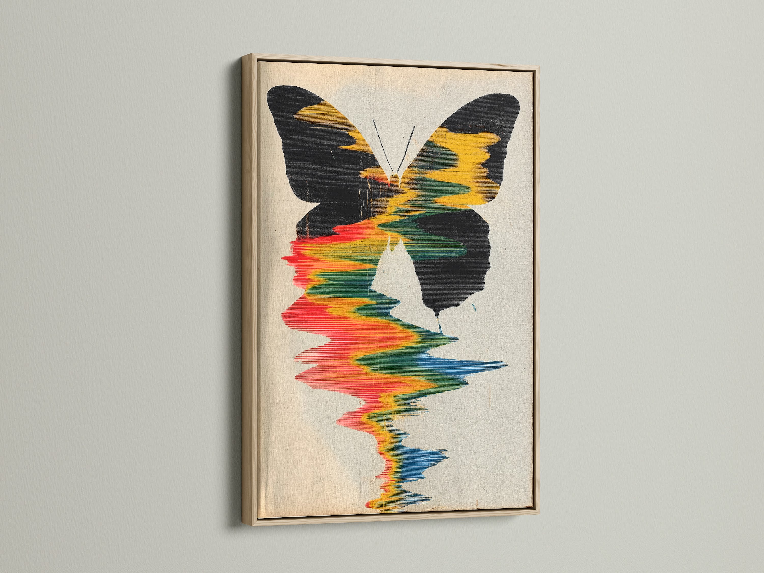 Close-up of an oak frame showcasing a butterfly artwork. The oak frame enhances the colorful modern artwork. Perfect for adding a touch of nature to your living room or bedroom. Discover our oak framed art prints now