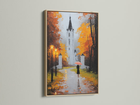 Artwork in an oak frame hanging on a wall. The art depicts a building a person with an umbrella. The oak frame adds a touch of nature. Transform your home with framed art.