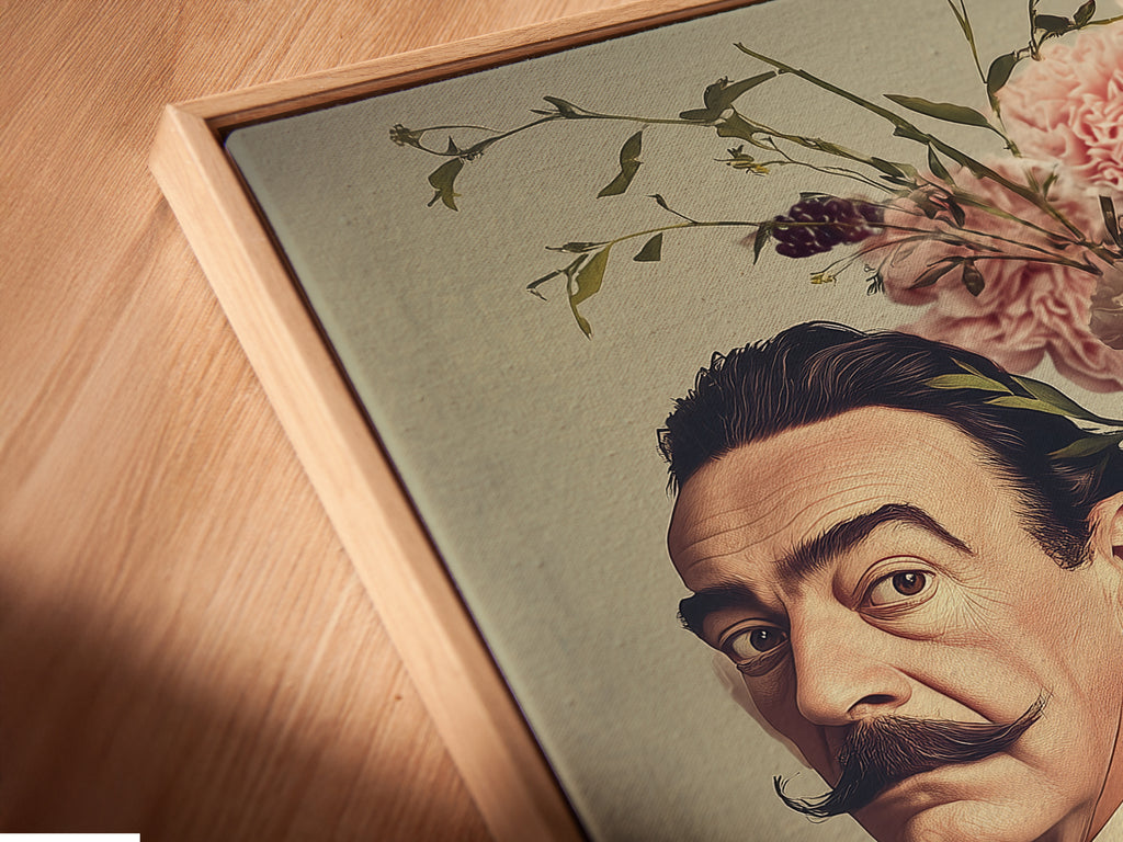 Close-up angled view of a canvas print in a floating frame. The vintage portrait art enhances any space. The floral crown art adds a touch of beauty. It is ideal for living rooms bedrooms and offices.