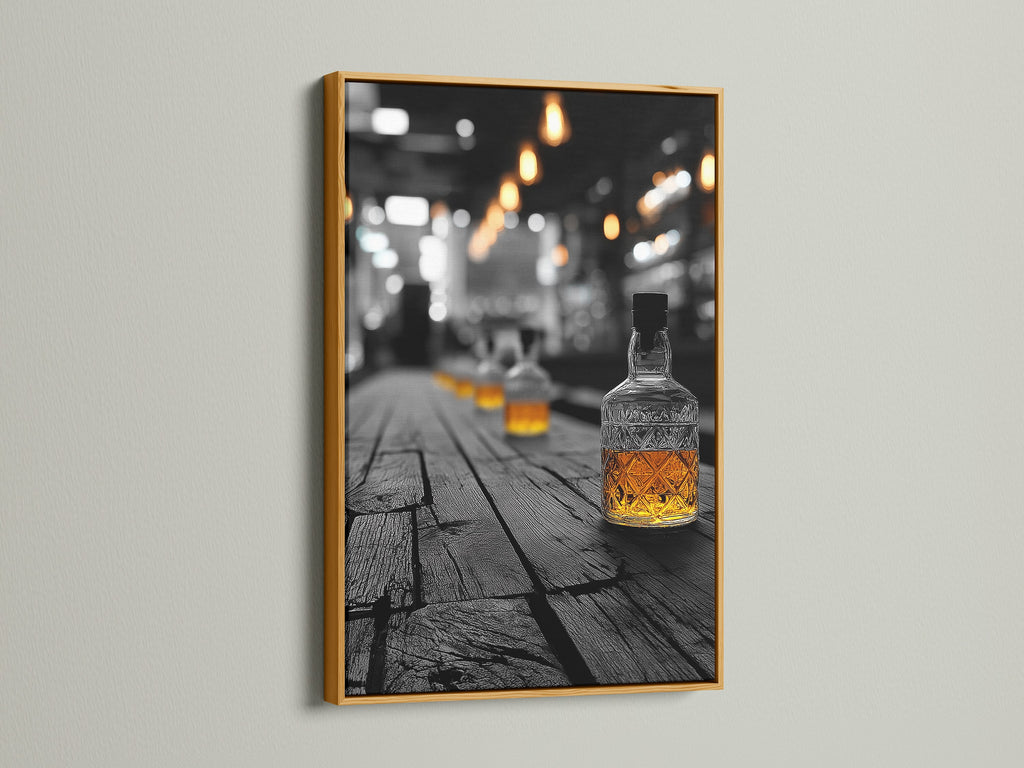 Whiskey bar artwork displayed in a gold frame. This adds a touch of luxury to your space. The bourbon wall art complements traditional and industrial styles. Perfect for home office wall decor or pub wall decor. Discover our selection of vintage distillery art.