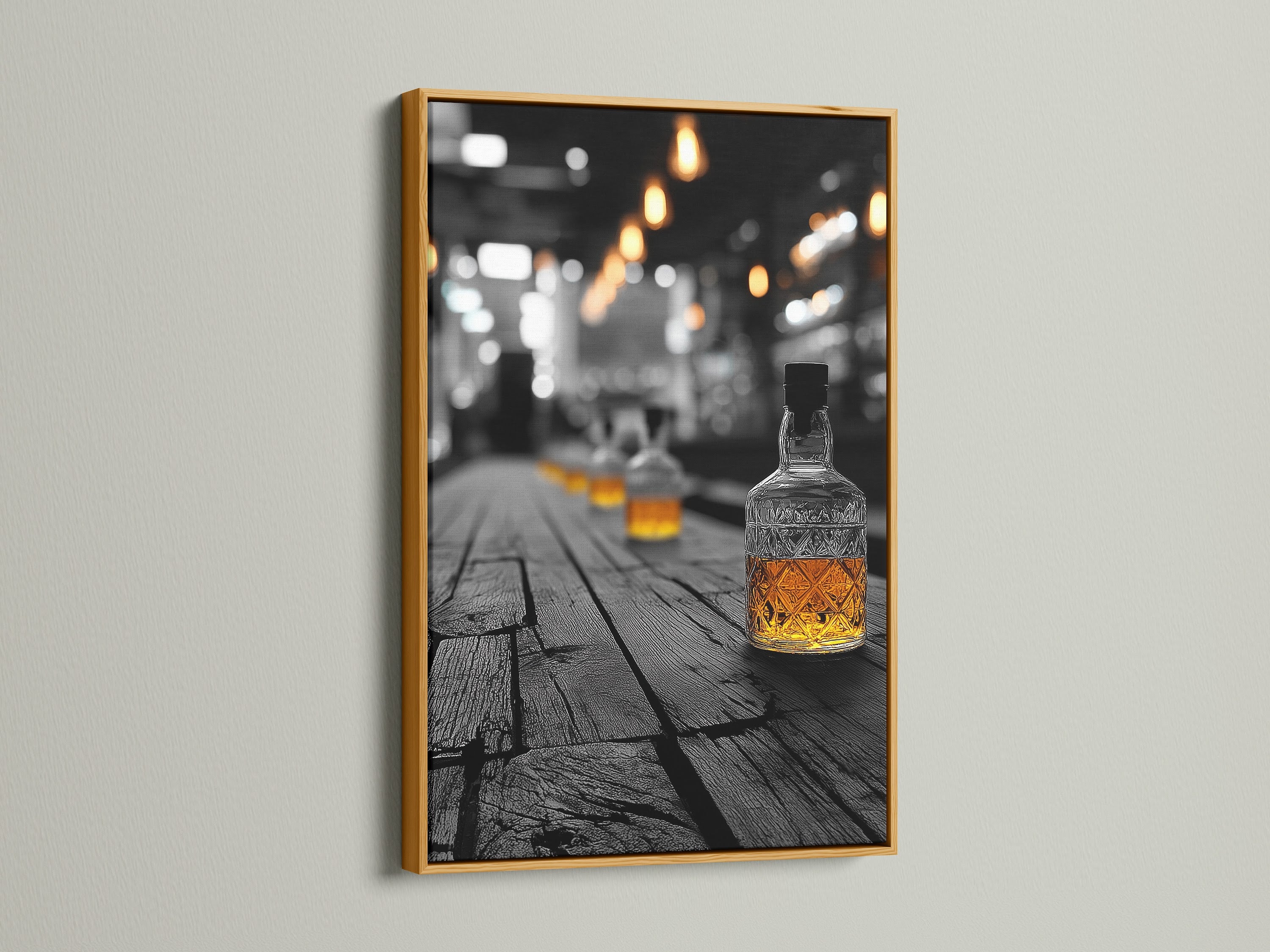 Whiskey bar artwork displayed in a gold frame. This adds a touch of luxury to your space. The bourbon wall art complements traditional and industrial styles. Perfect for home office wall decor or pub wall decor. Discover our selection of vintage distillery art.