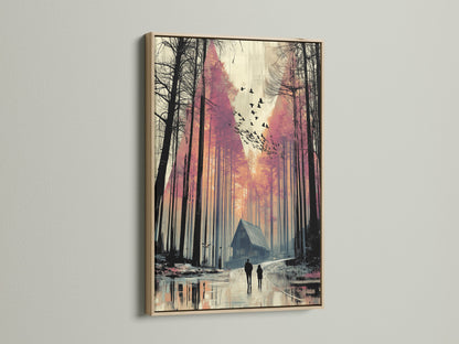 A captivating forest cabin print is showcased within an oak frame. The artwork adds a touch of nature to any space. This moody landscape artwork creates a serene atmosphere. Ideal for living rooms bedrooms or cabins.