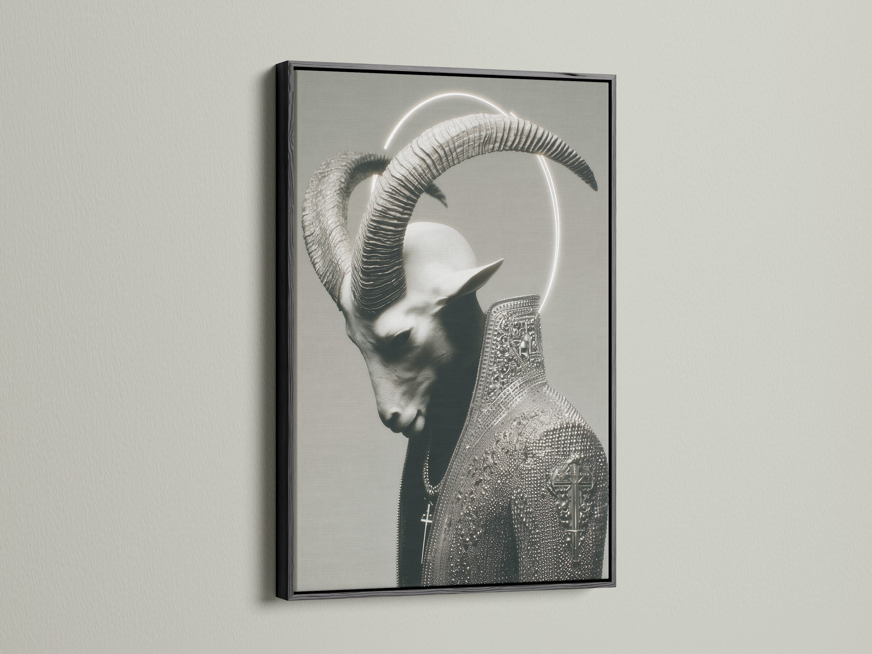 Gothic Horned Figure Art in a black frame. The artwork features a dark surreal portrait on canvas. It is occult wall decor. It is perfect for a modern bedroom wall. The black frame offers a bold look.